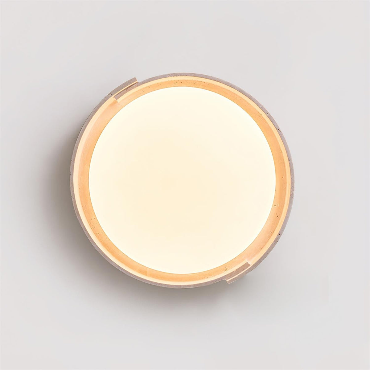 Juvio minimalistisk rund loftlampe i travertin — integreret LED, akrylrand, varm hvid