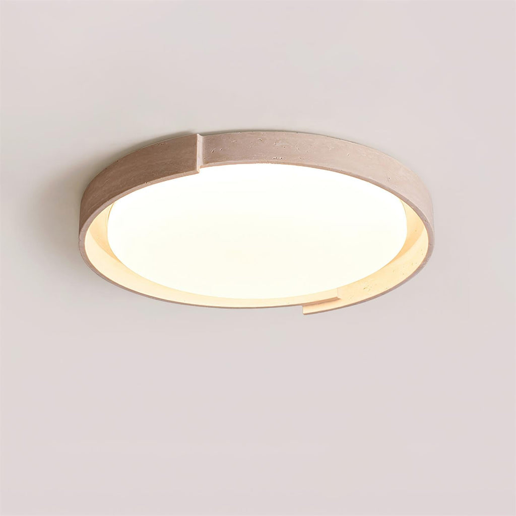 Juvio minimalistisk rund loftlampe i travertin — integreret LED, akrylrand, varm hvid