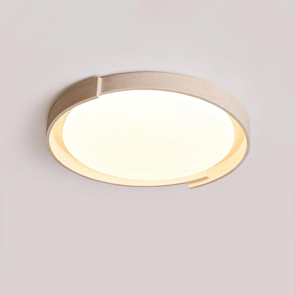 Juvio minimalistisk rund loftlampe i travertin — integreret LED, akrylrand, varm hvid