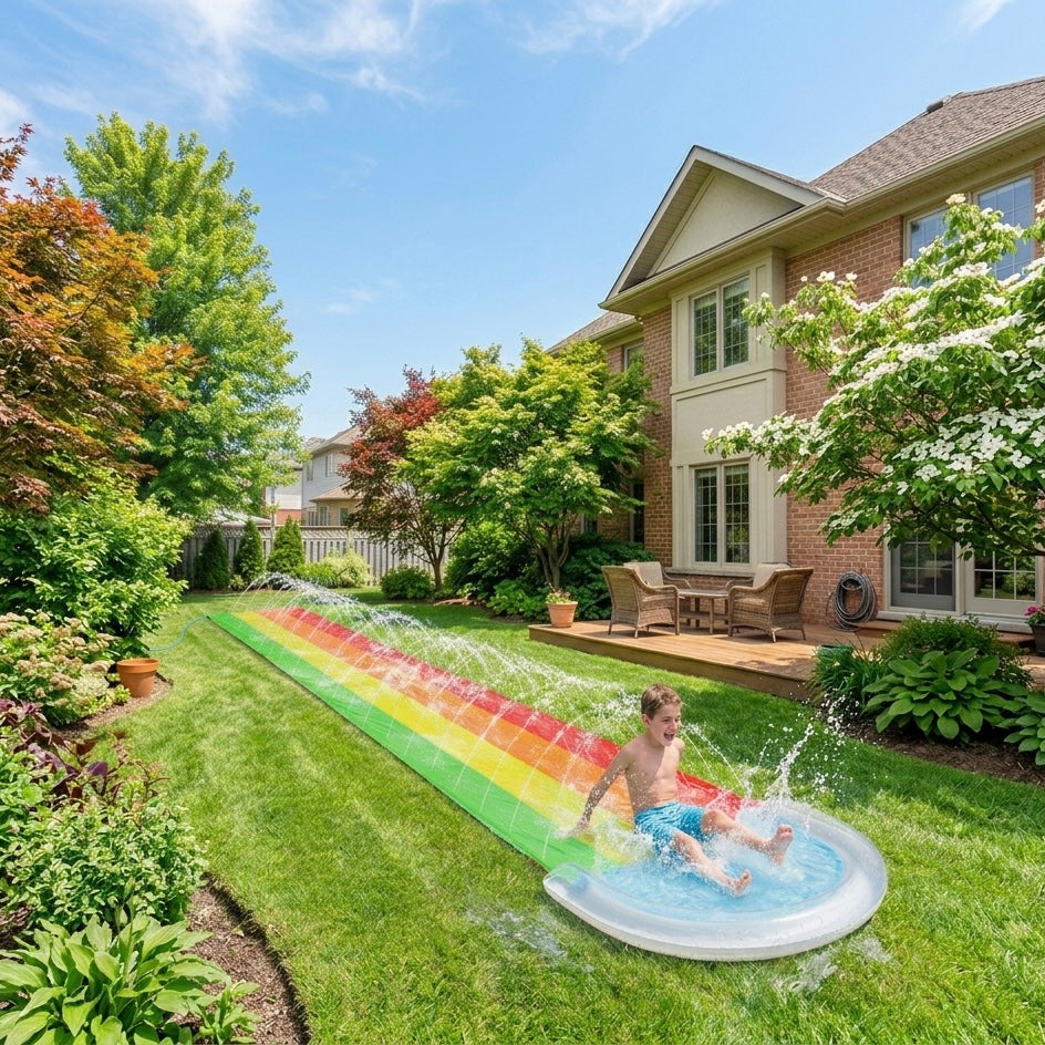 Garden Water Slide - 480×76cm - Built-In Spray - Splash Pool - No Inflation - Ages 8+