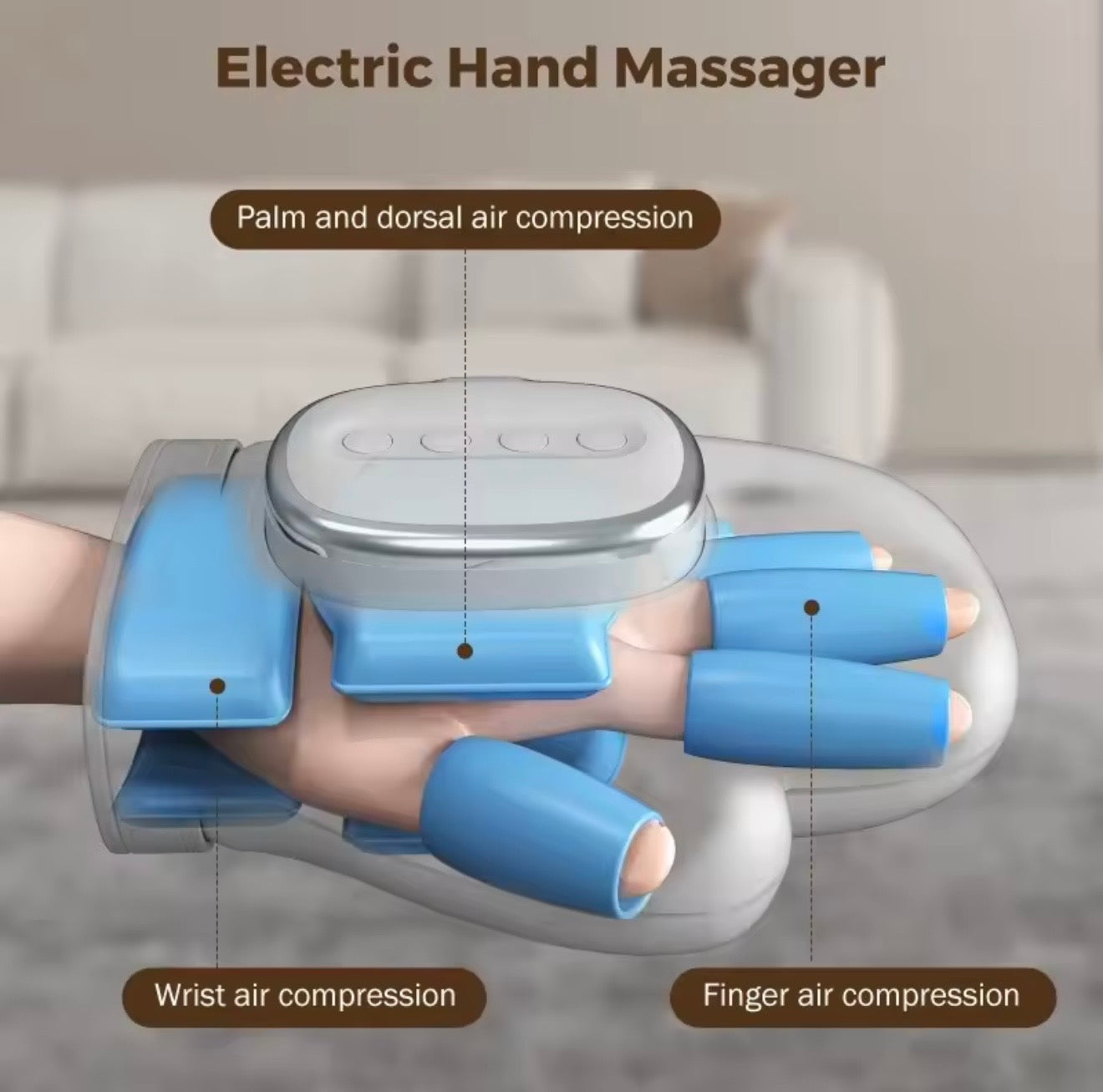 Légkompressziós kézi masszírozó - Hőfunkció - 3 mód - 5 intenzitási szint - 2000mAh újratölthető akkumulátorral