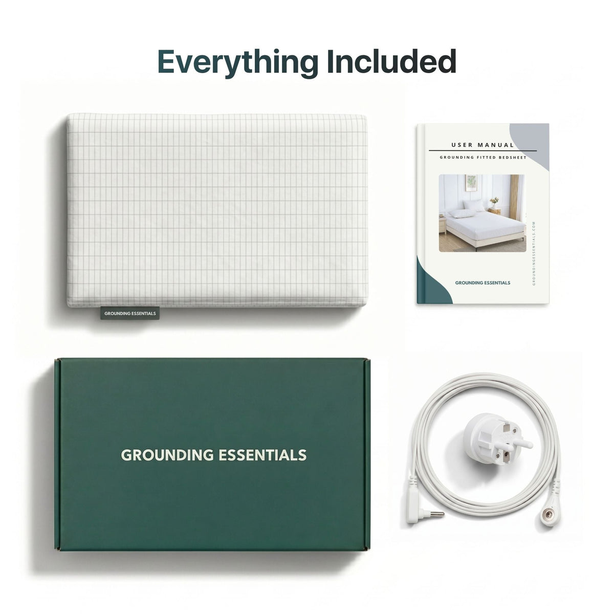 Grounding Bed Sheets package including fitted sheet, grounding cord, grounding plug and user manual