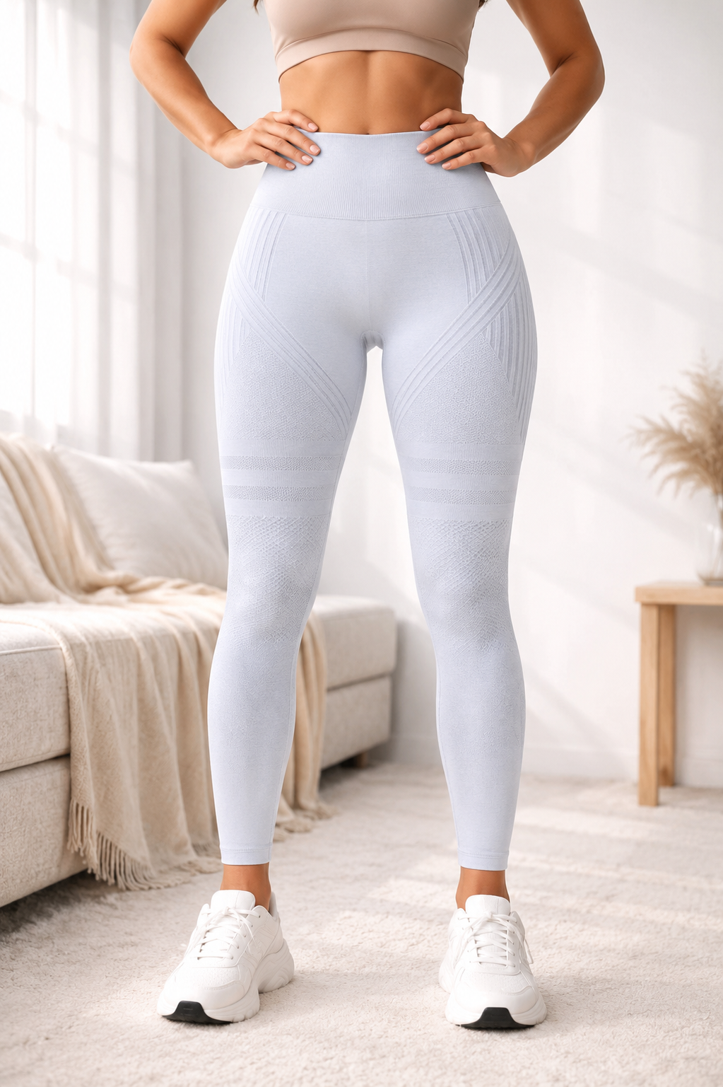 Texturerade formande leggings med hög midja – lätt kompression, ogenomskinliga, midja som inte rullar ner