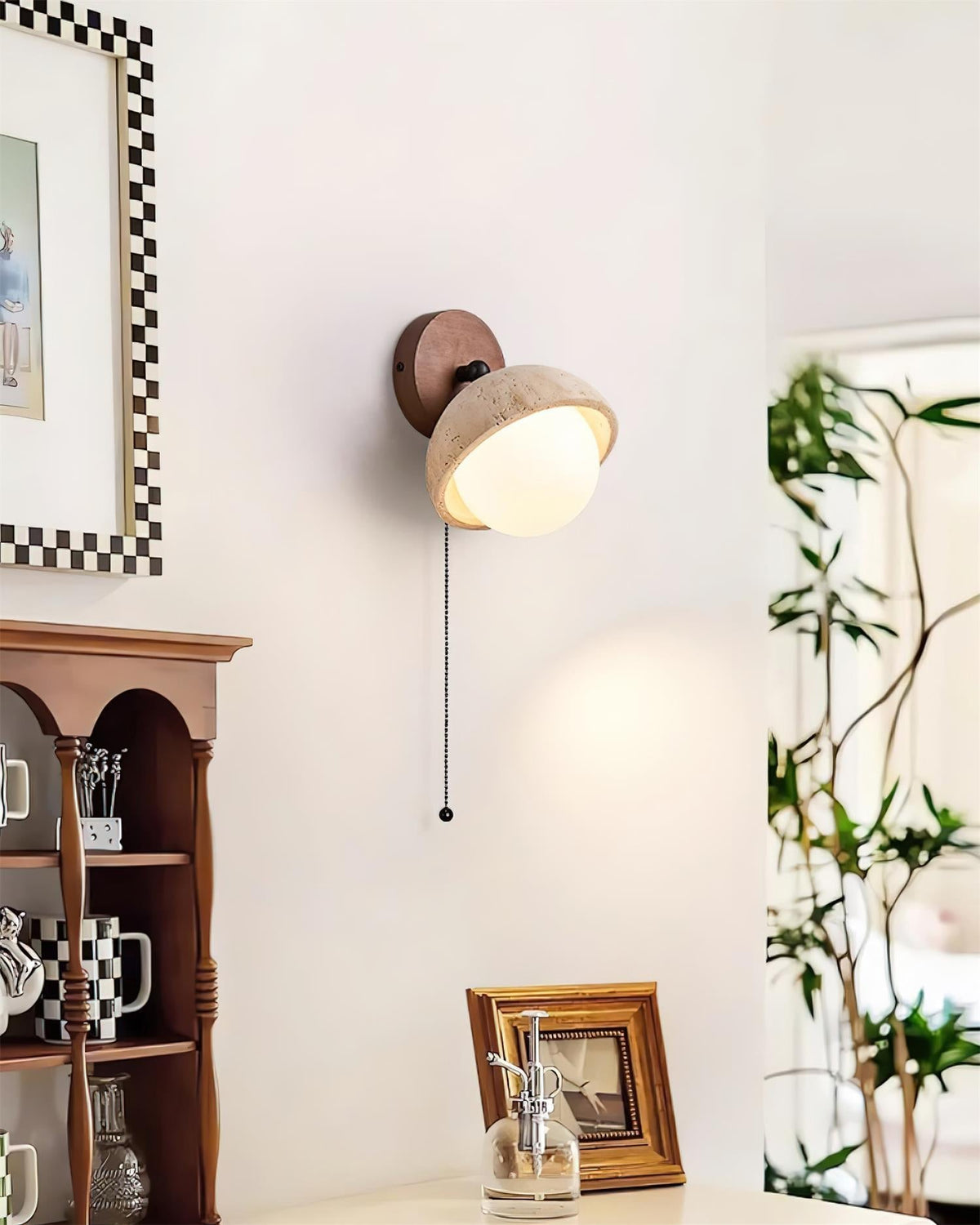 Lampada da parete in travertino e legno — Diametro 15cm, attacco G9, cablata