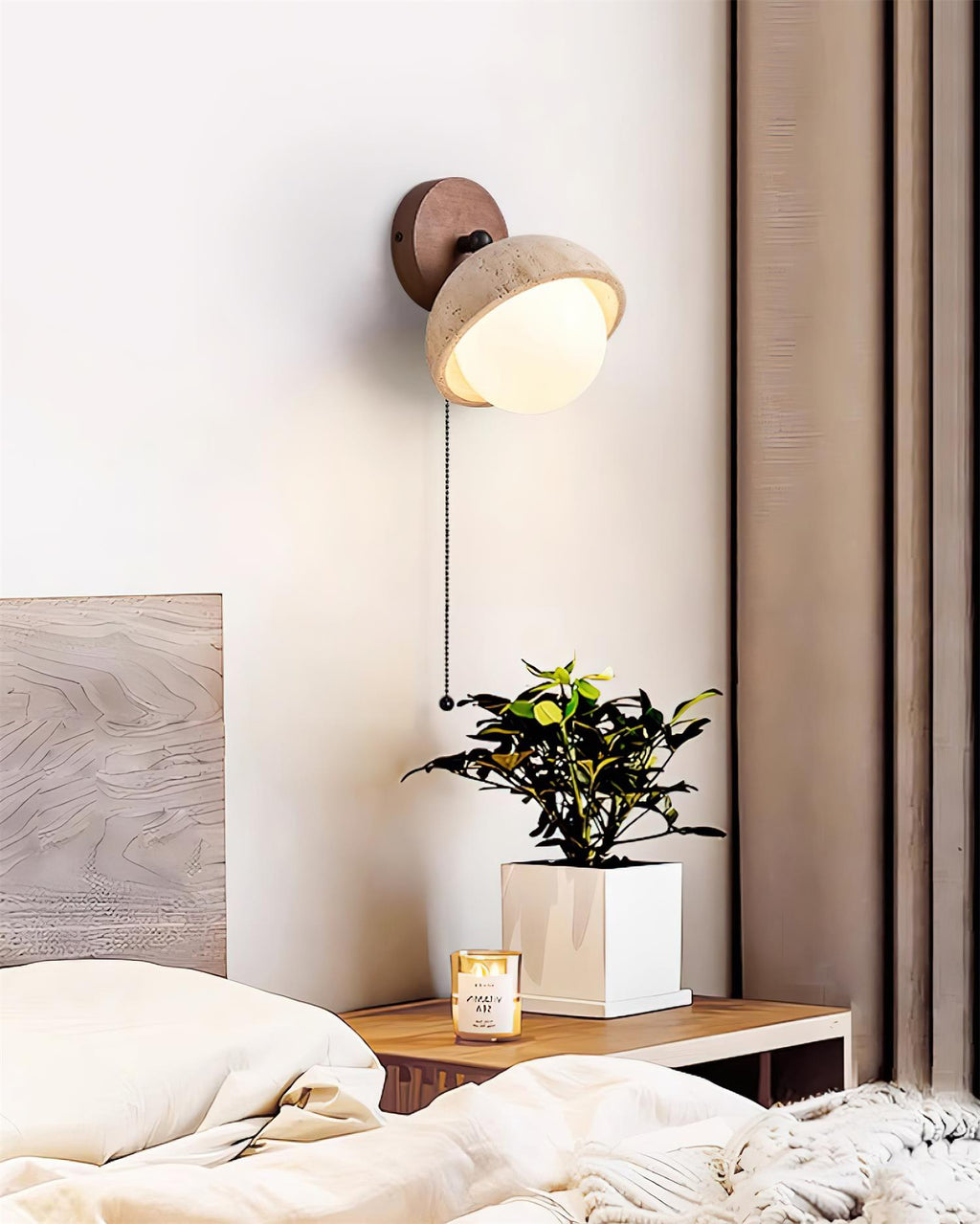 Lampada da parete in travertino e legno — Diametro 15cm, attacco G9, cablata