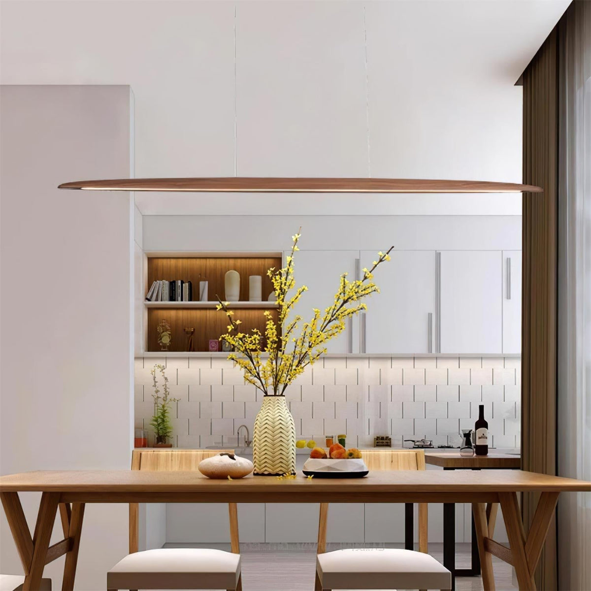 Lampada a sospensione LED in legno Duvane da 130cm — 24W 3000K bianco caldo, cablaggio fisso