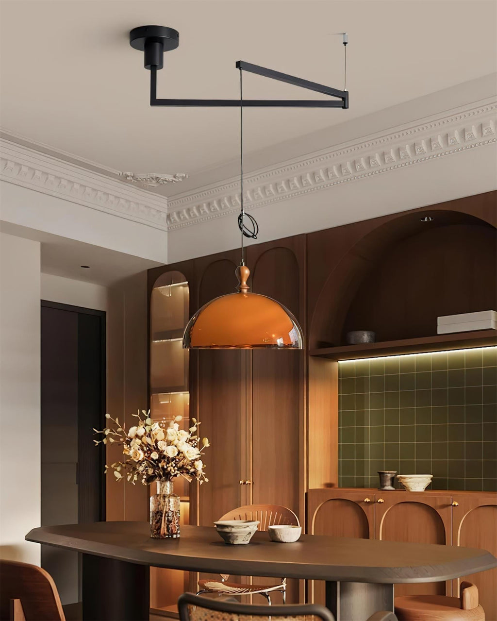 Maribel Swing Arm Pendant Lamp — Adjustable, Black & Walnut