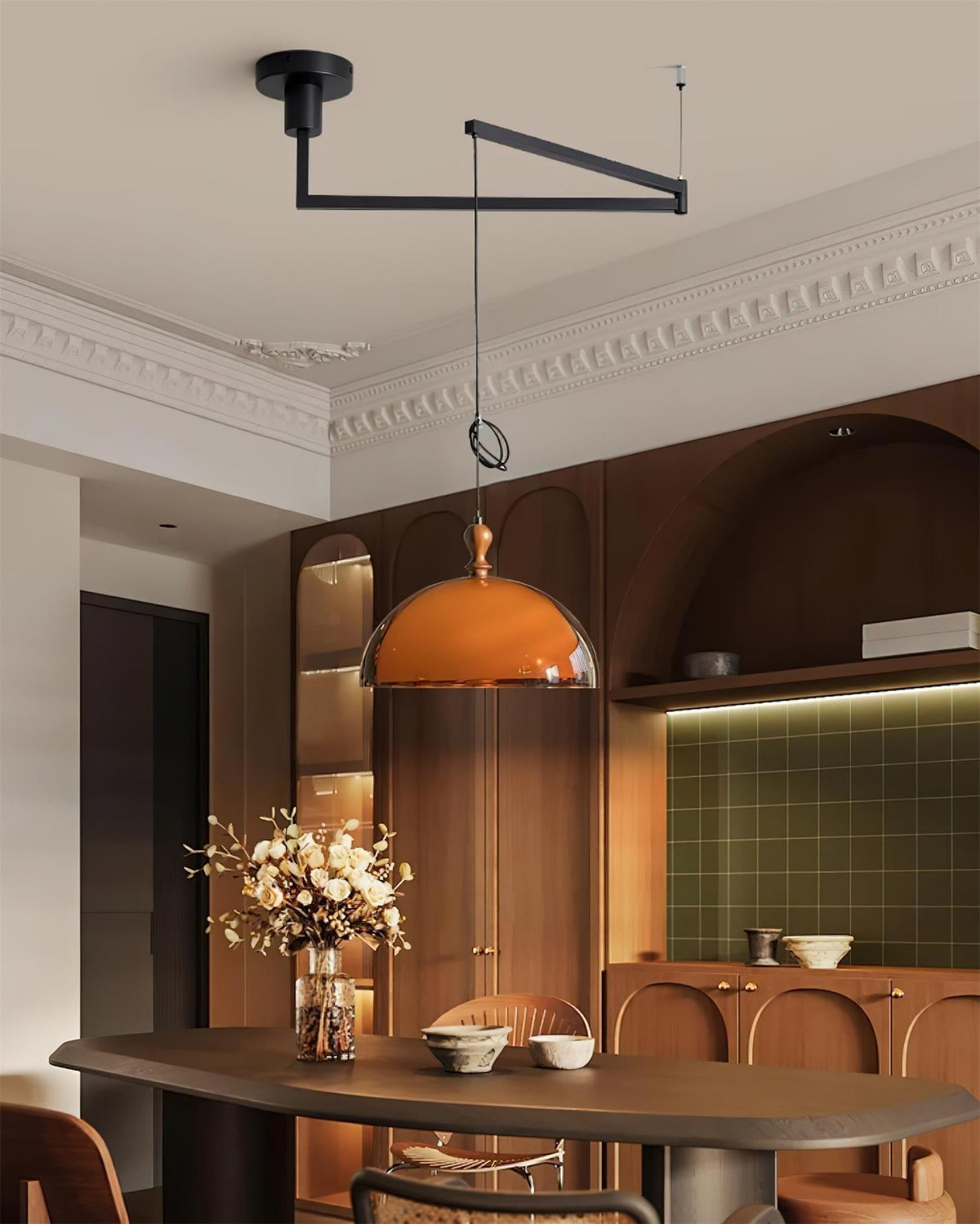 Maribel Swing Arm Pendant Lamp — Adjustable, Black & Walnut