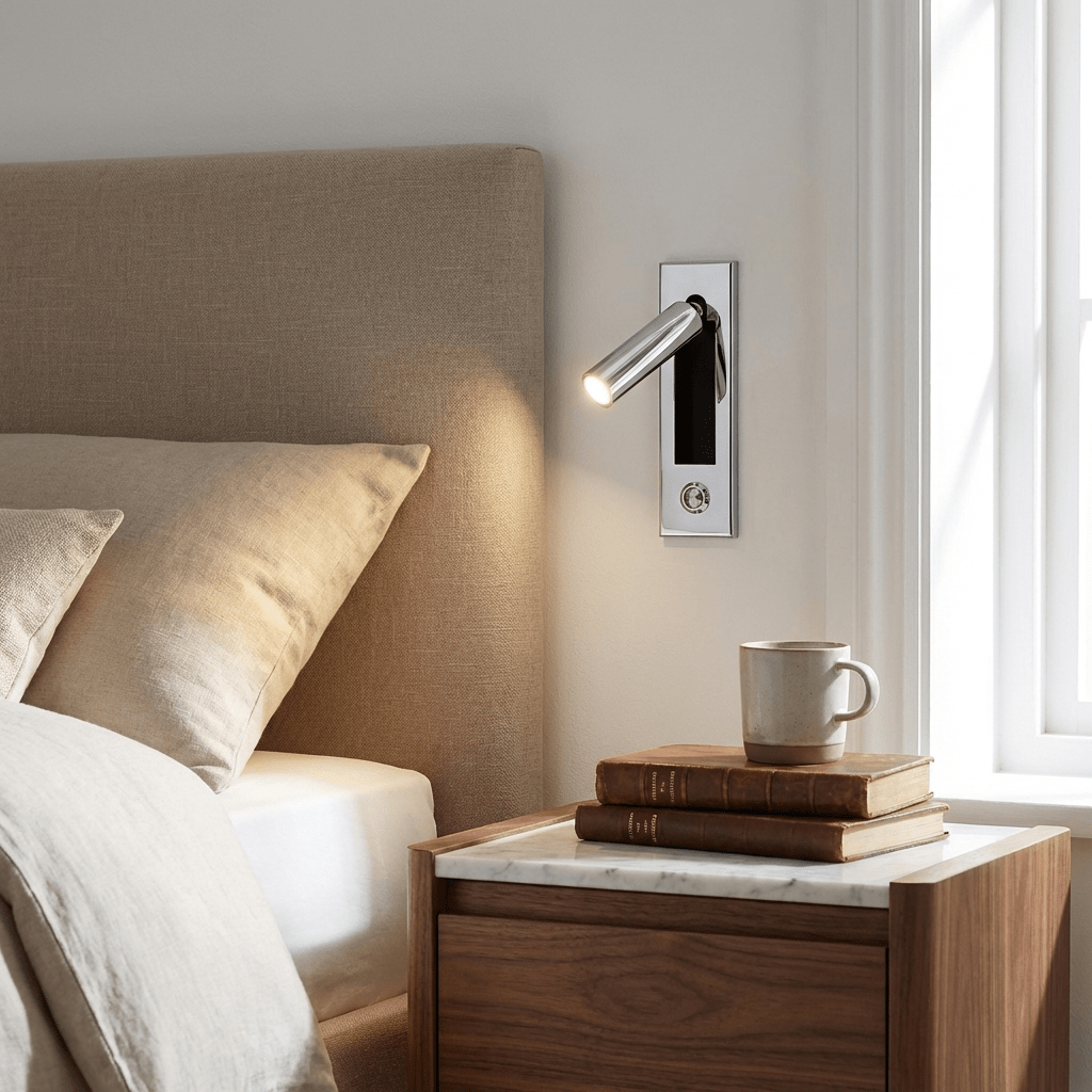 Adjustable Flush-Fold Bedside Sconce — Integrated Pull-Out Switch