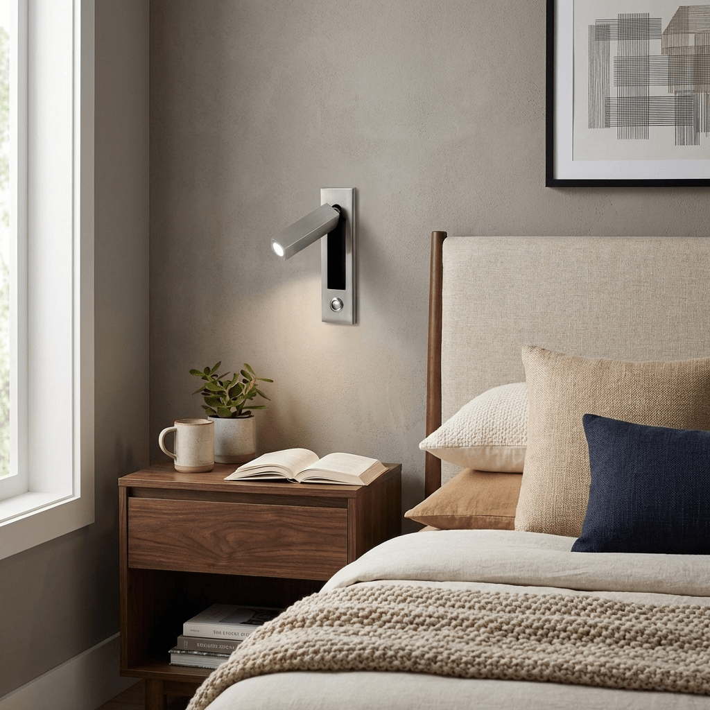 Adjustable Flush-Fold Bedside Sconce — Integrated Pull-Out Switch