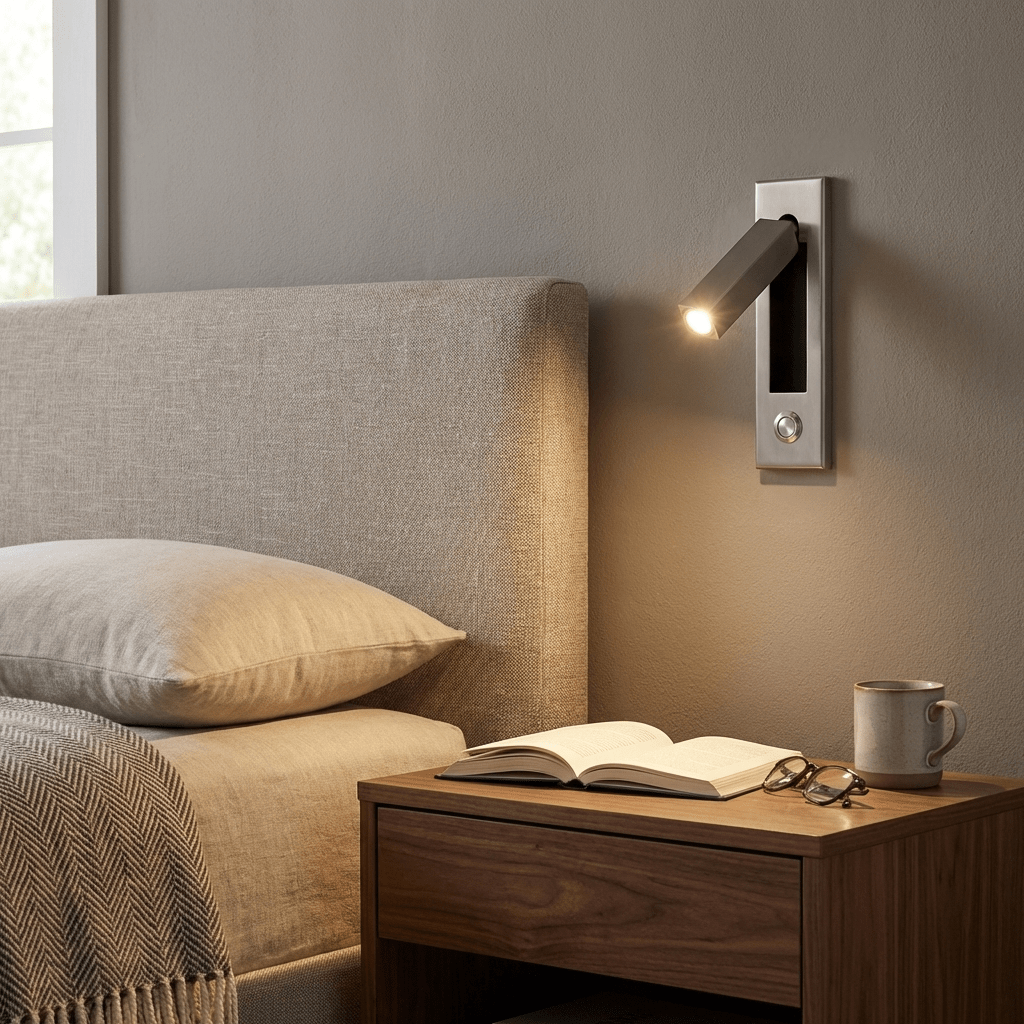 Adjustable Flush-Fold Bedside Sconce — Integrated Pull-Out Switch