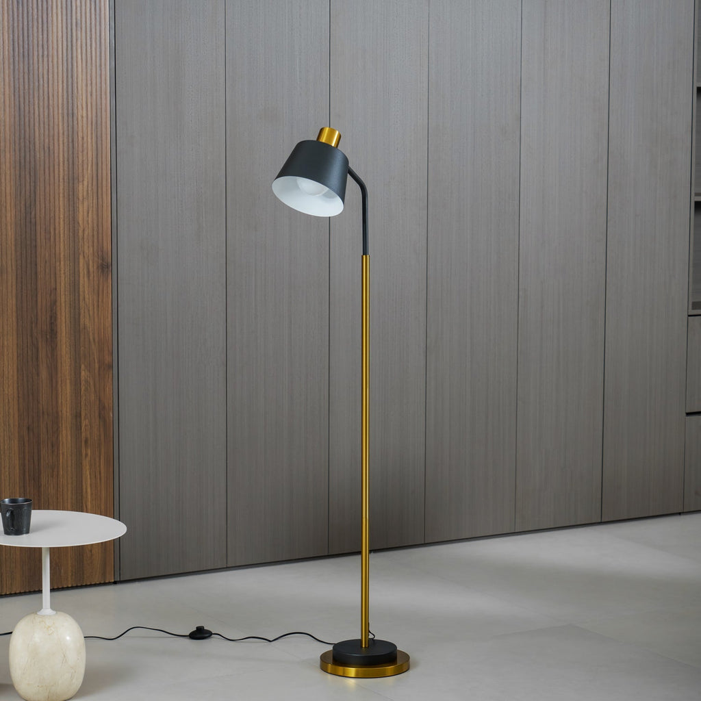 Stojací lampa Emmental — nastavitelný stínítko, štíhlý profil, černá základna