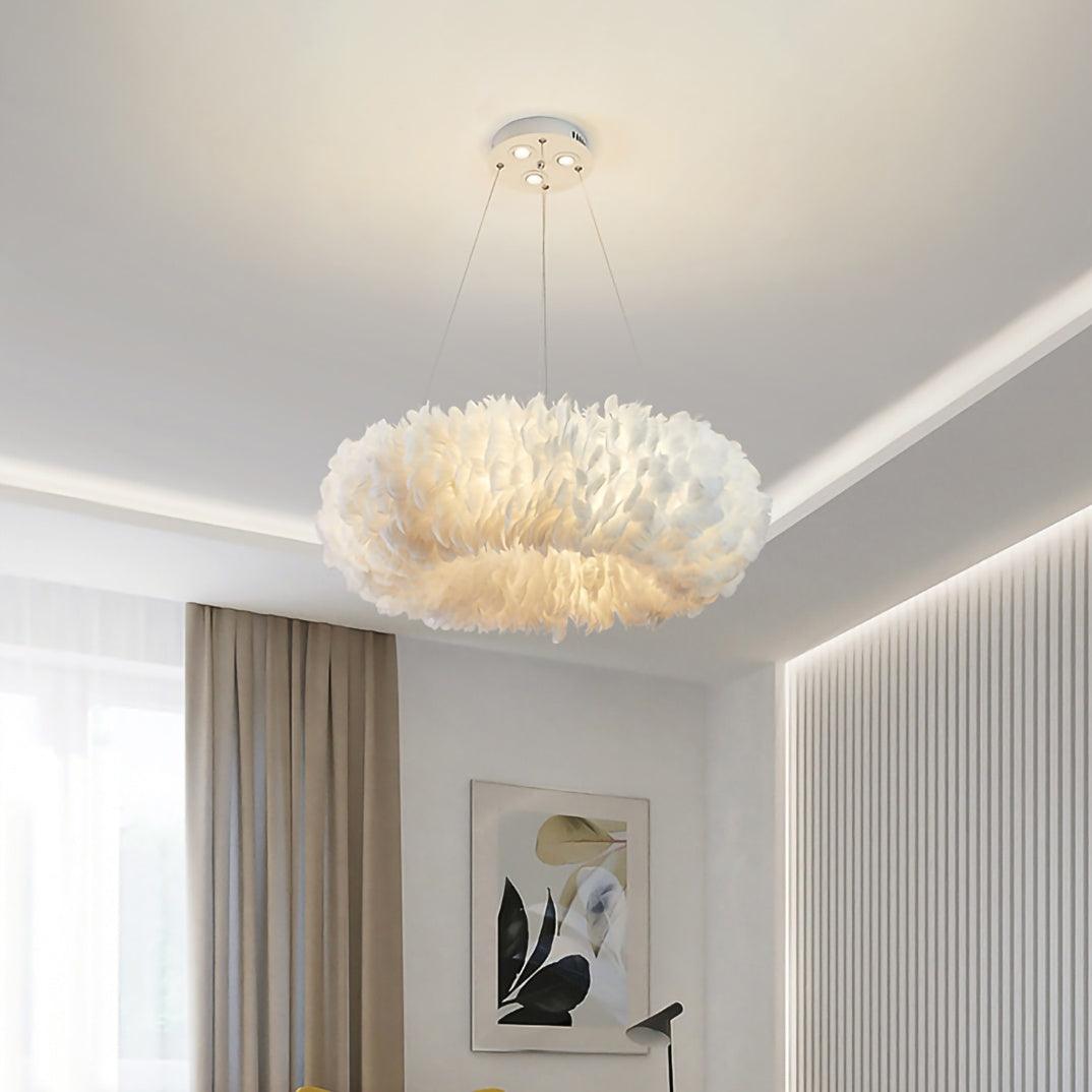 Goose Feathers Pendant Lamp — Thousands of Responsibly Sourced Feathers Around White Core