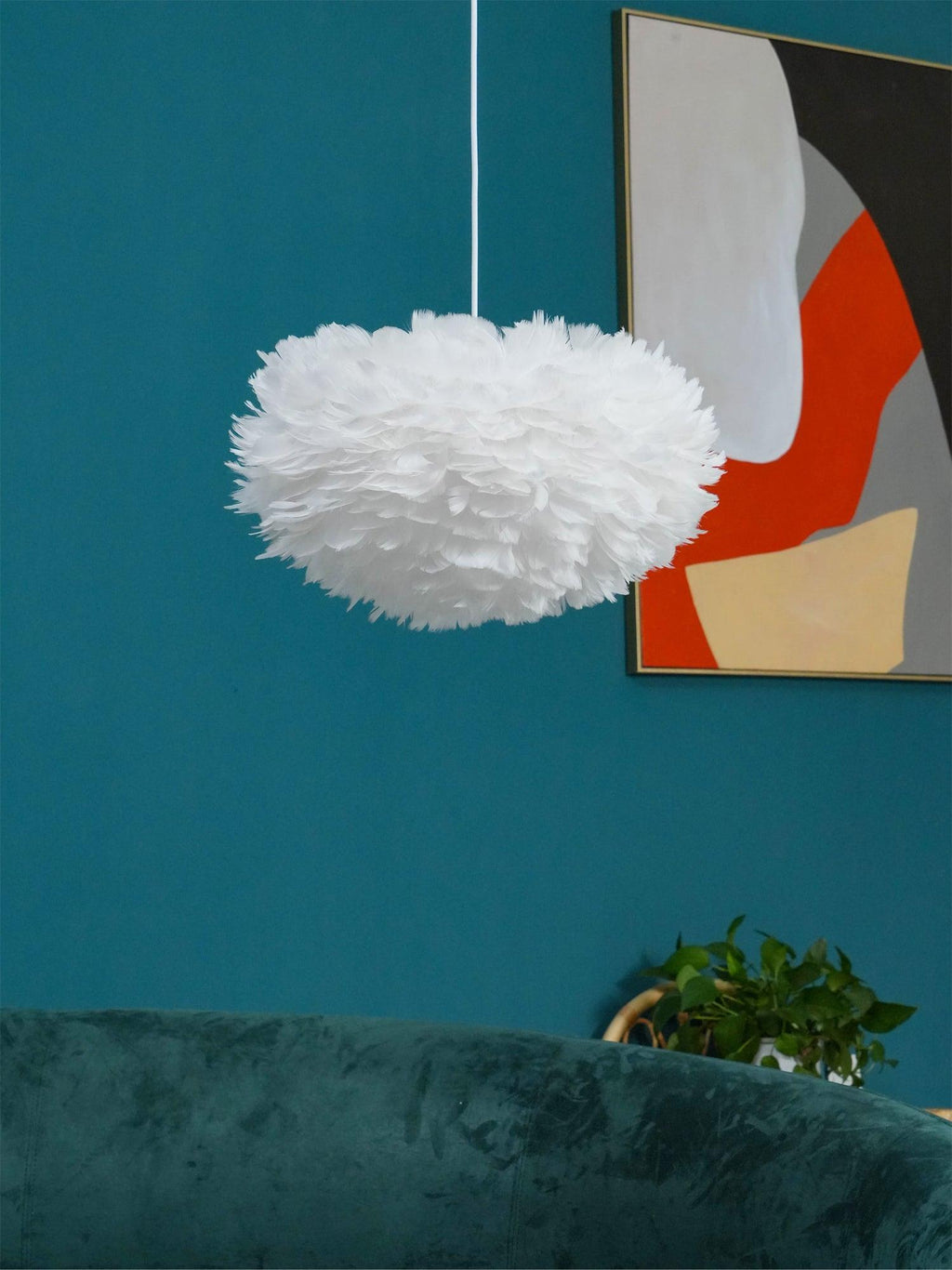 Goose Feathers Pendant Lamp — Thousands of Responsibly Sourced Feathers Around White Core