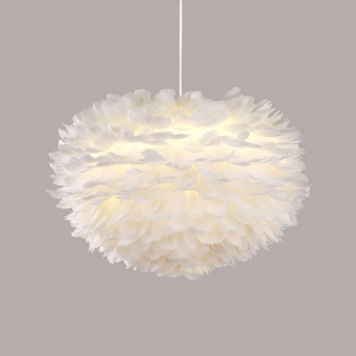 Goose Feathers Pendant Lamp — Thousands of Responsibly Sourced Feathers Around White Core