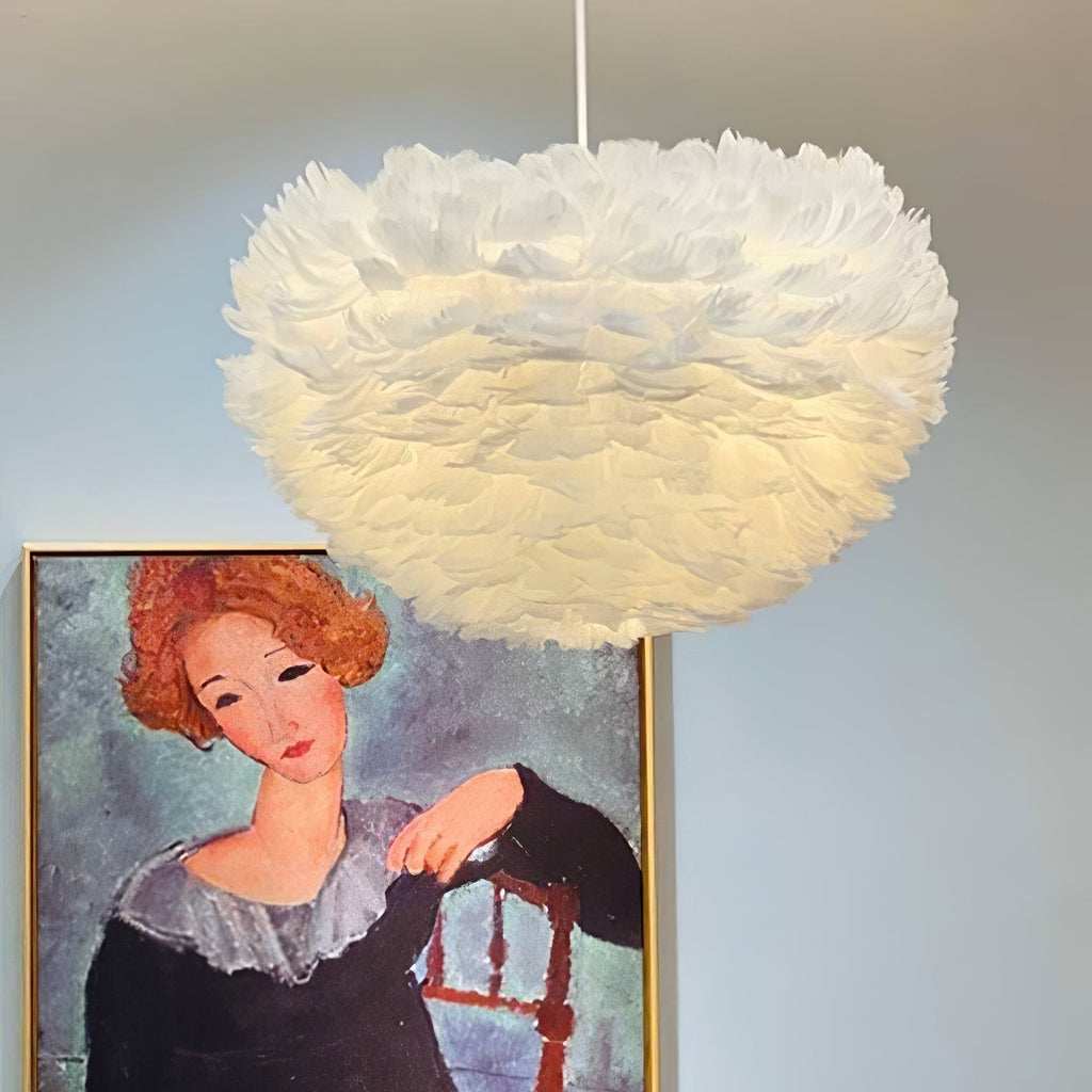 Goose Feathers Pendant Lamp — Thousands of Responsibly Sourced Feathers Around White Core
