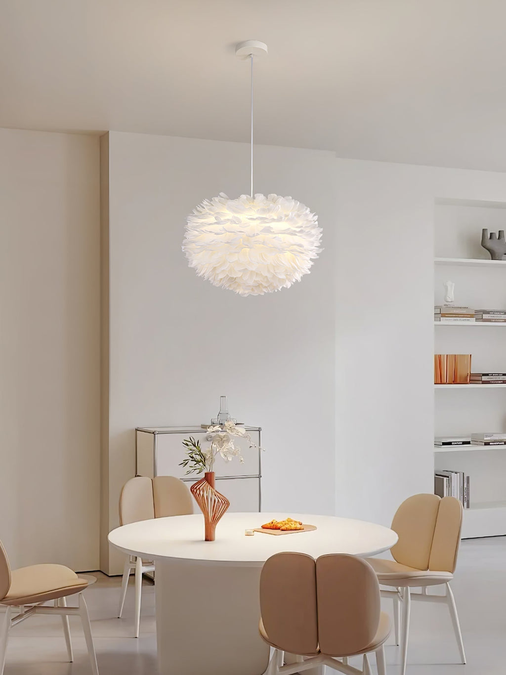 Goose Feathers Pendant Lamp — Thousands of Responsibly Sourced Feathers Around White Core
