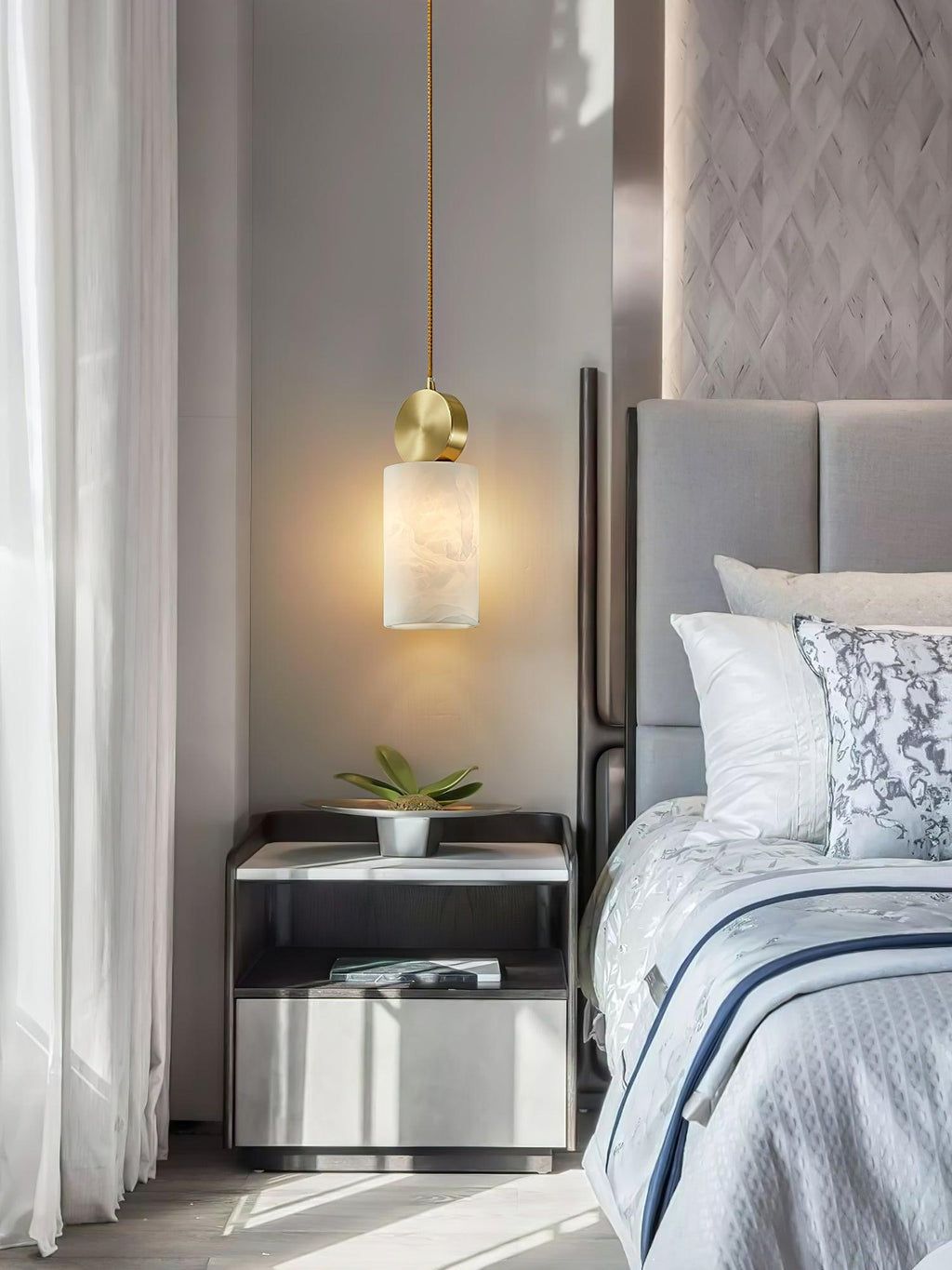 Lyrindis Cylinder Alabaster Pendant Light – 12cm Diameter, G9 Bulb Base