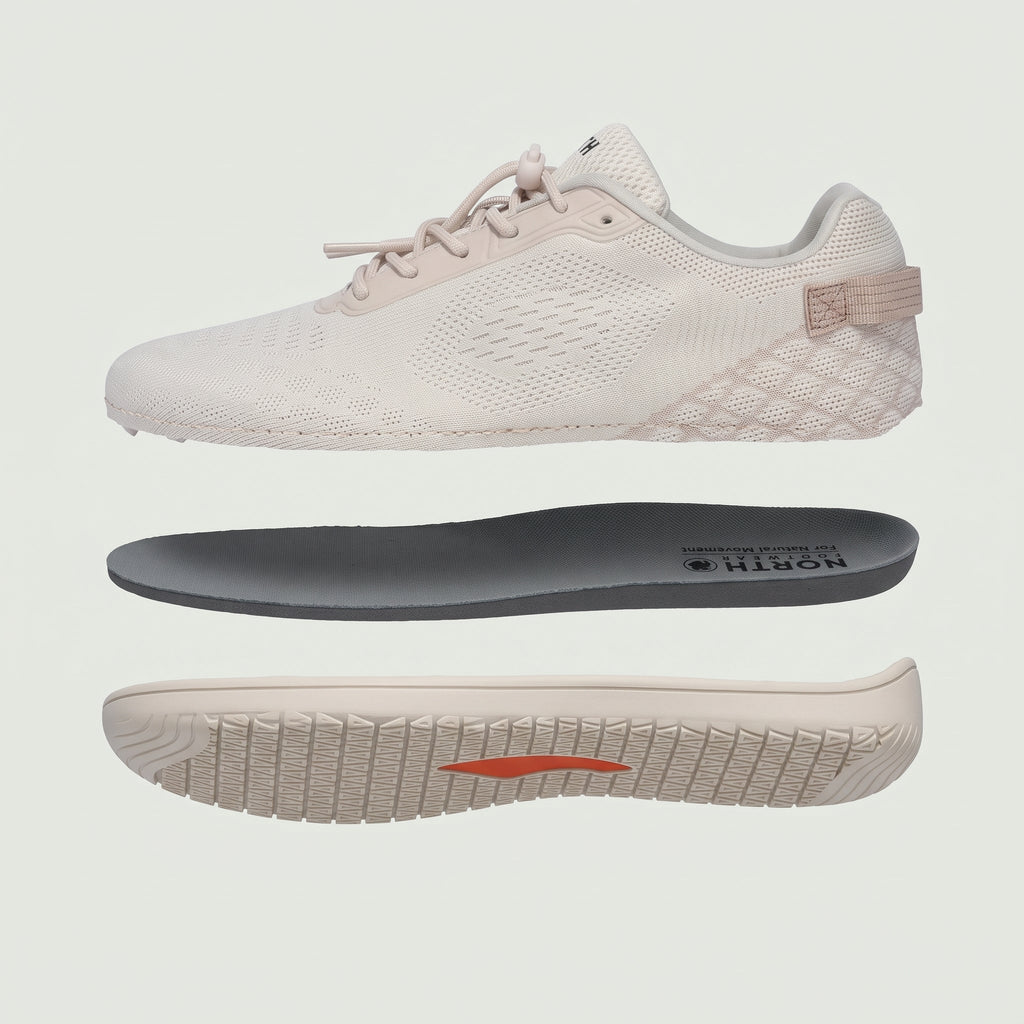 Exploded view of the sneaker showing upper, insole and cushioned outsole
