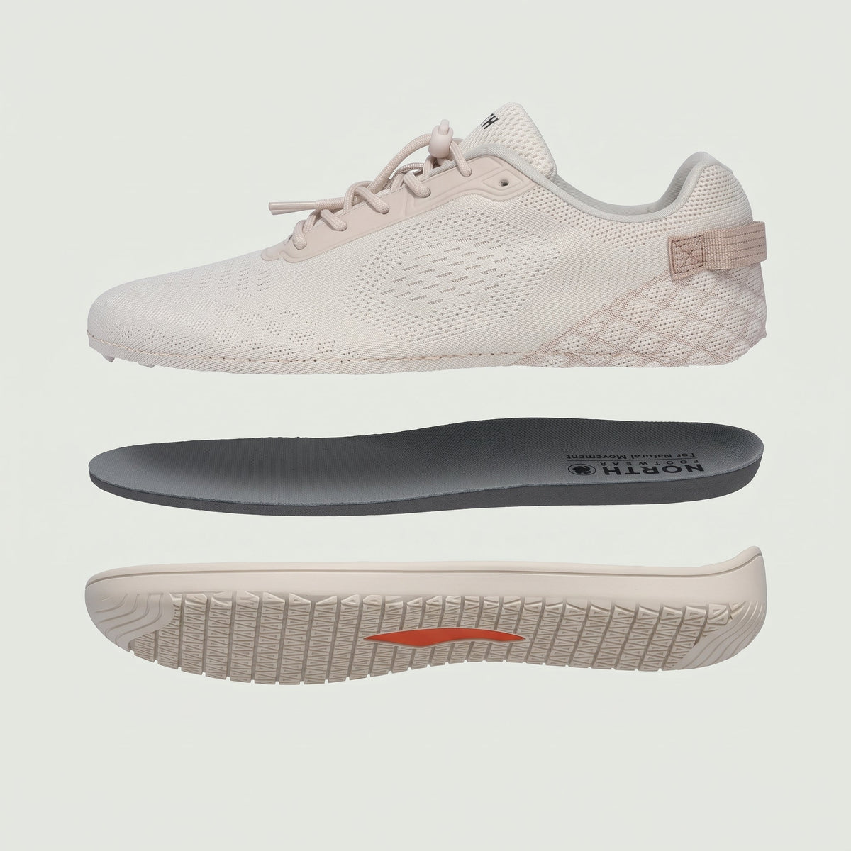 Exploded view of the sneaker showing upper, insole and cushioned outsole