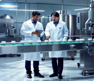 Two technicians in lab coats checking jars on a production line