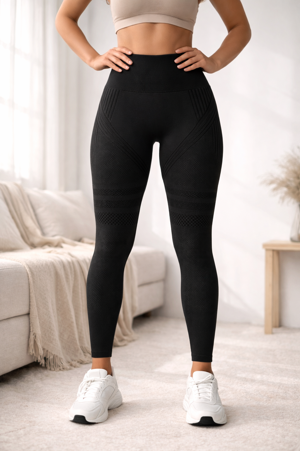 Texturerade formande leggings med hög midja – lätt kompression, ogenomskinliga, midja som inte rullar ner