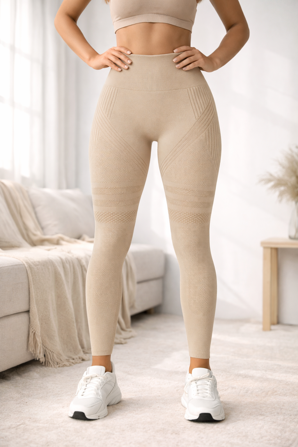 Texturerade formande leggings med hög midja – lätt kompression, ogenomskinliga, midja som inte rullar ner