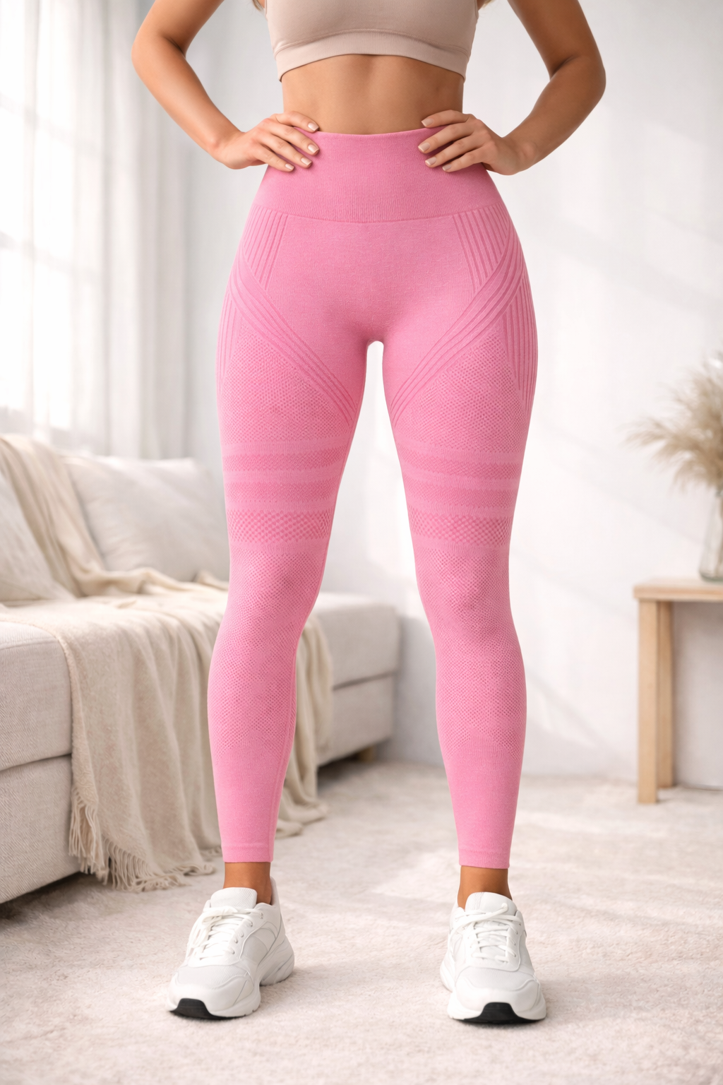 Texturerade formande leggings med hög midja – lätt kompression, ogenomskinliga, midja som inte rullar ner