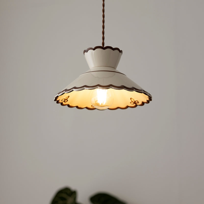 Grace Retro Ceramic Pendant Light — Cream Scalloved Shade Brown Trim