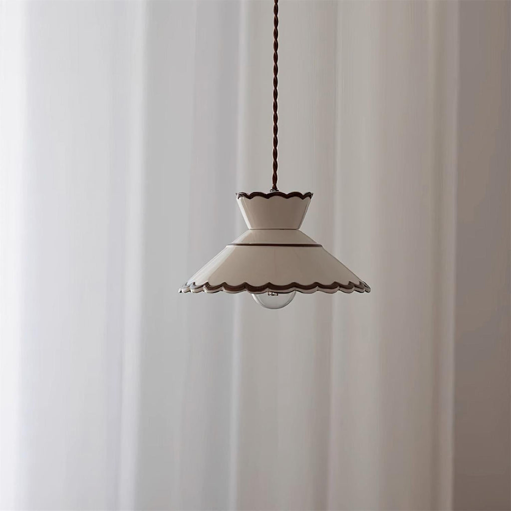 Grace Retro Ceramic Pendant Light — Cream Scalloved Shade Brown Trim