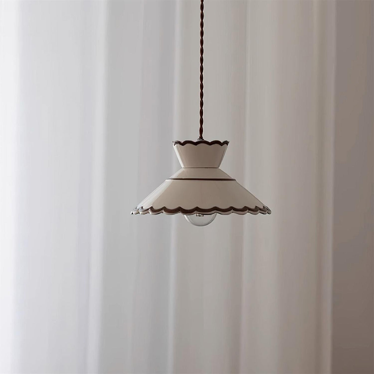 Grace Retro Ceramic Pendant Light — Cream Scalloved Shade Brown Trim