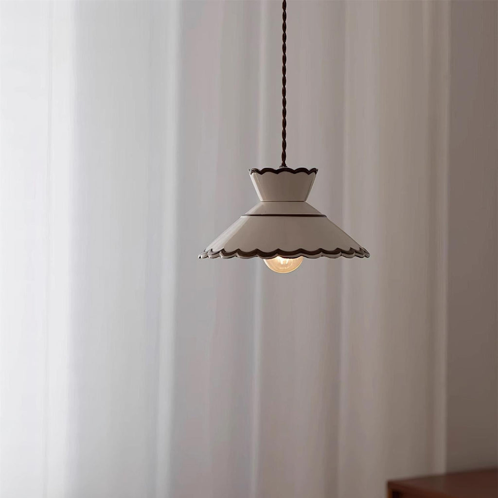 Grace Retro Ceramic Pendant Light — Cream Scalloved Shade Brown Trim
