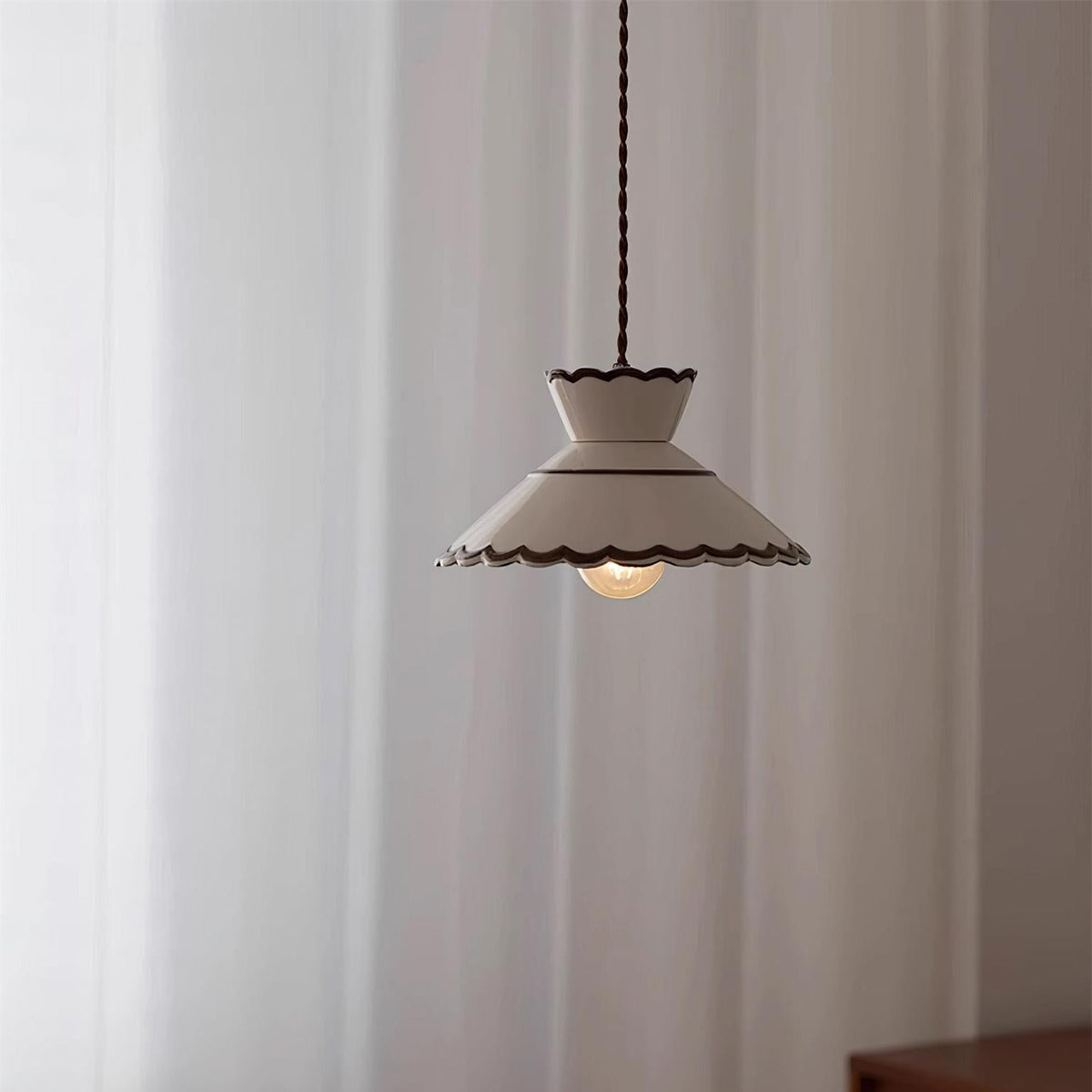 Grace Retro Ceramic Pendant Light — Cream Scalloved Shade Brown Trim