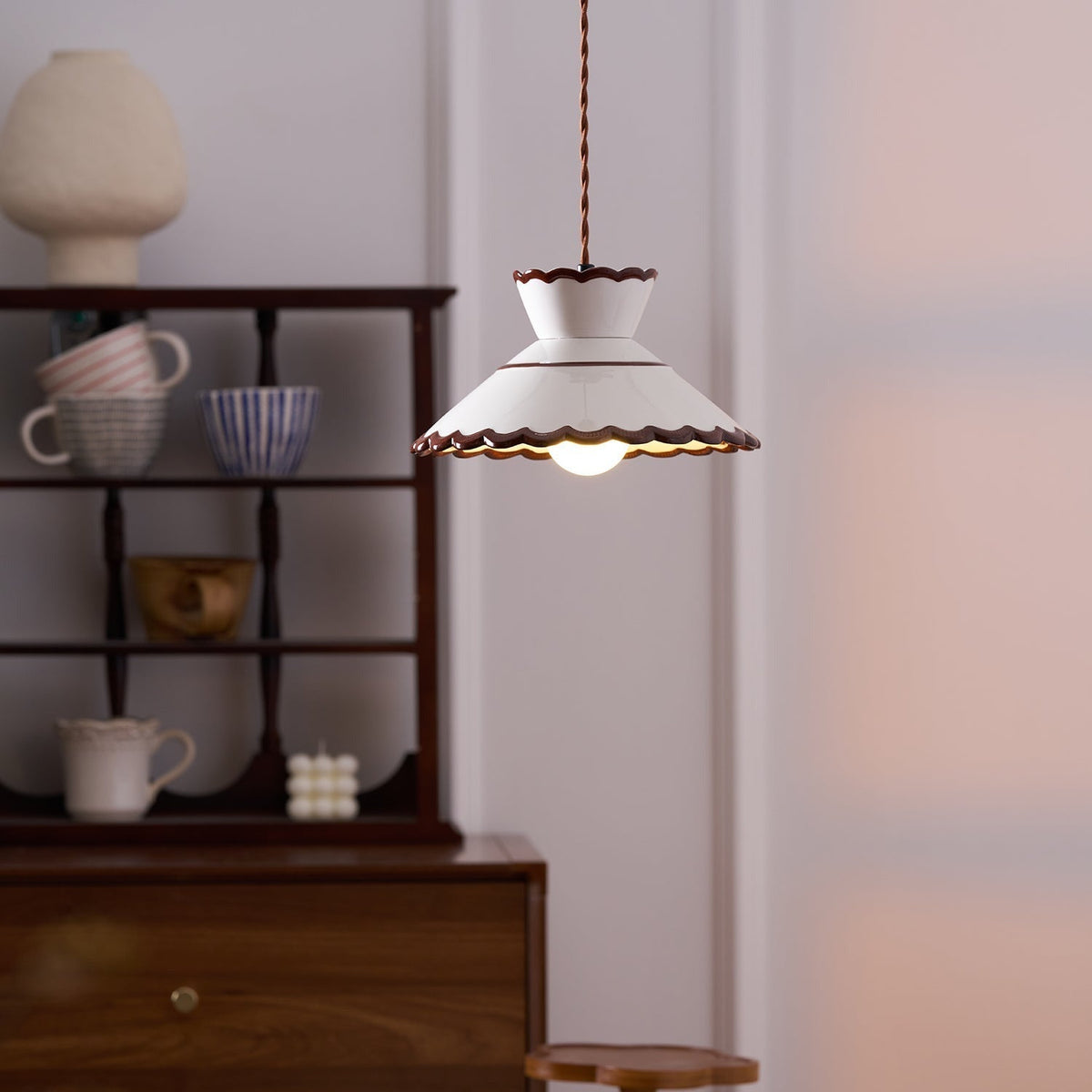 Grace Retro Ceramic Pendant Light — Cream Scalloved Shade Brown Trim