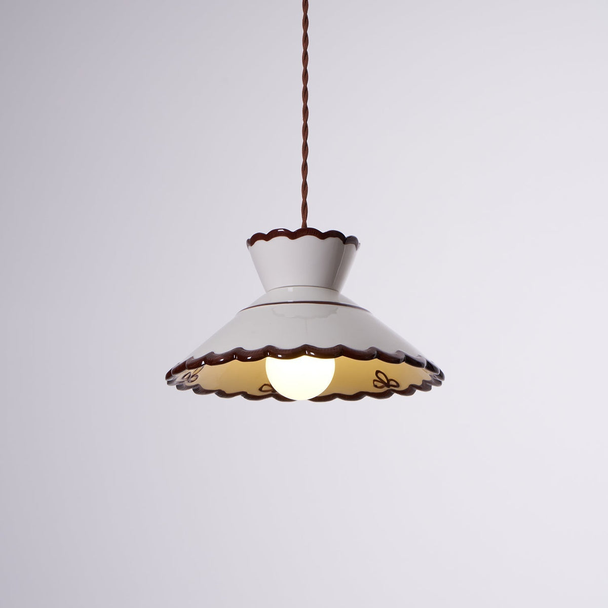 Grace Retro Ceramic Pendant Light — Cream Scalloved Shade Brown Trim