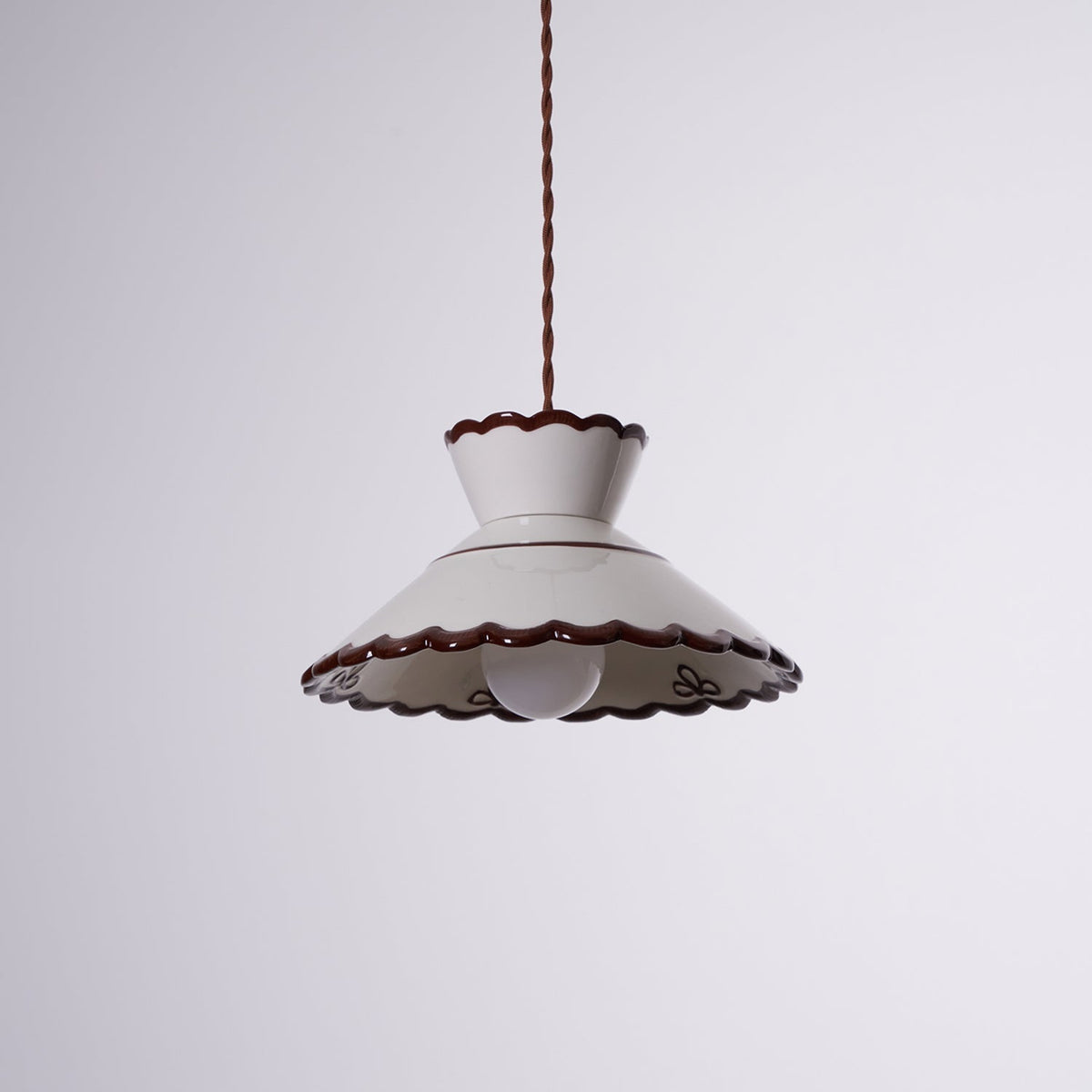 Grace Retro Ceramic Pendant Light — Cream Scalloved Shade Brown Trim