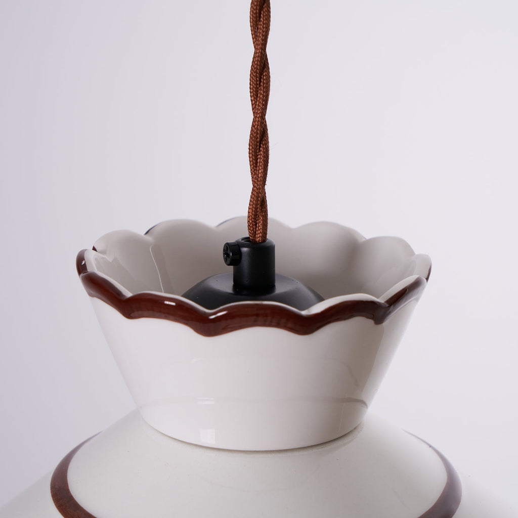 Grace Retro Ceramic Pendant Light — Cream Scalloved Shade Brown Trim