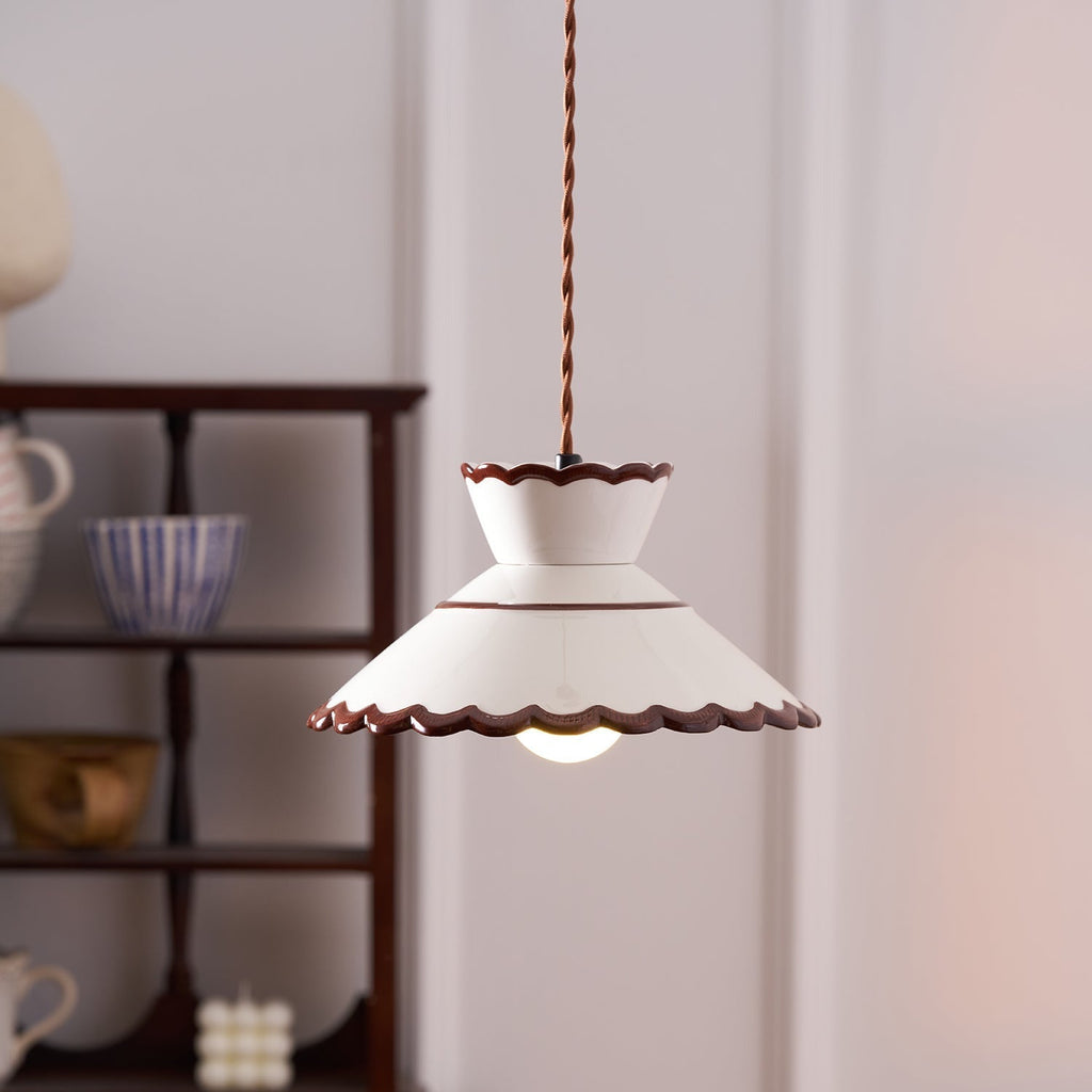 Grace Retro Ceramic Pendant Light — Cream Scalloved Shade Brown Trim