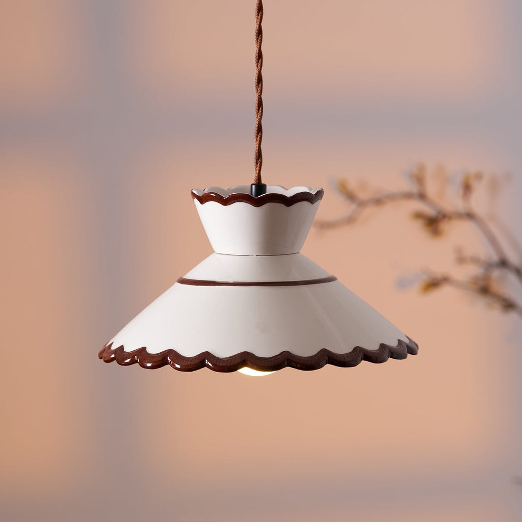 Grace Retro Ceramic Pendant Light — Cream Scalloved Shade Brown Trim