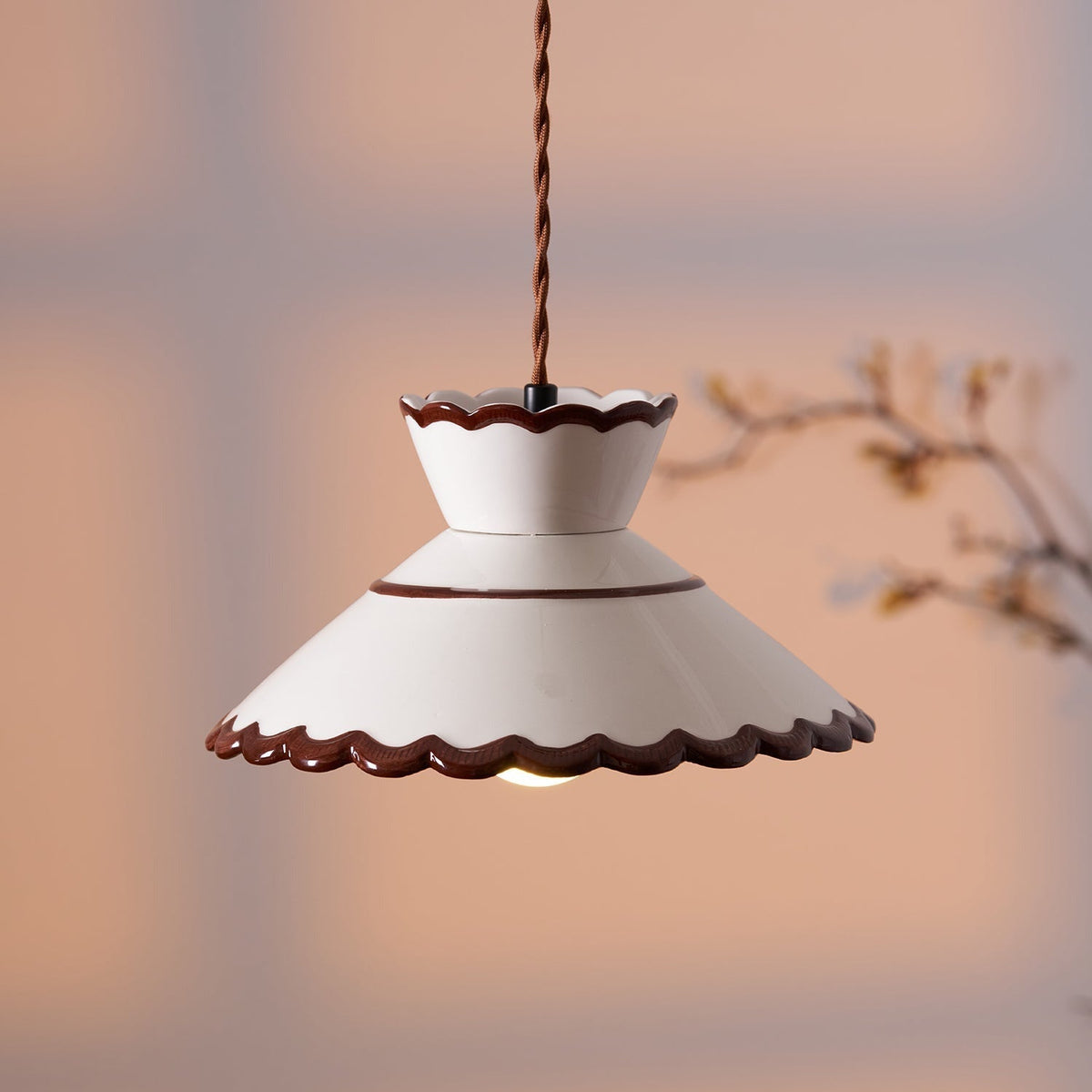 Grace Retro Ceramic Pendant Light — Cream Scalloved Shade Brown Trim