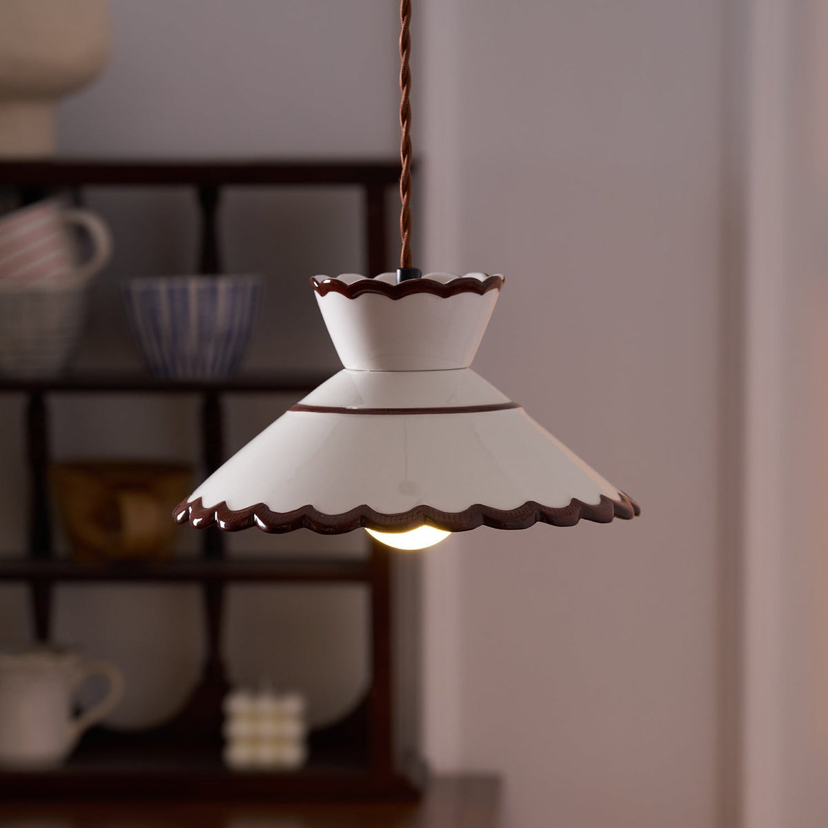 Grace Retro Ceramic Pendant Light — Cream Scalloved Shade Brown Trim
