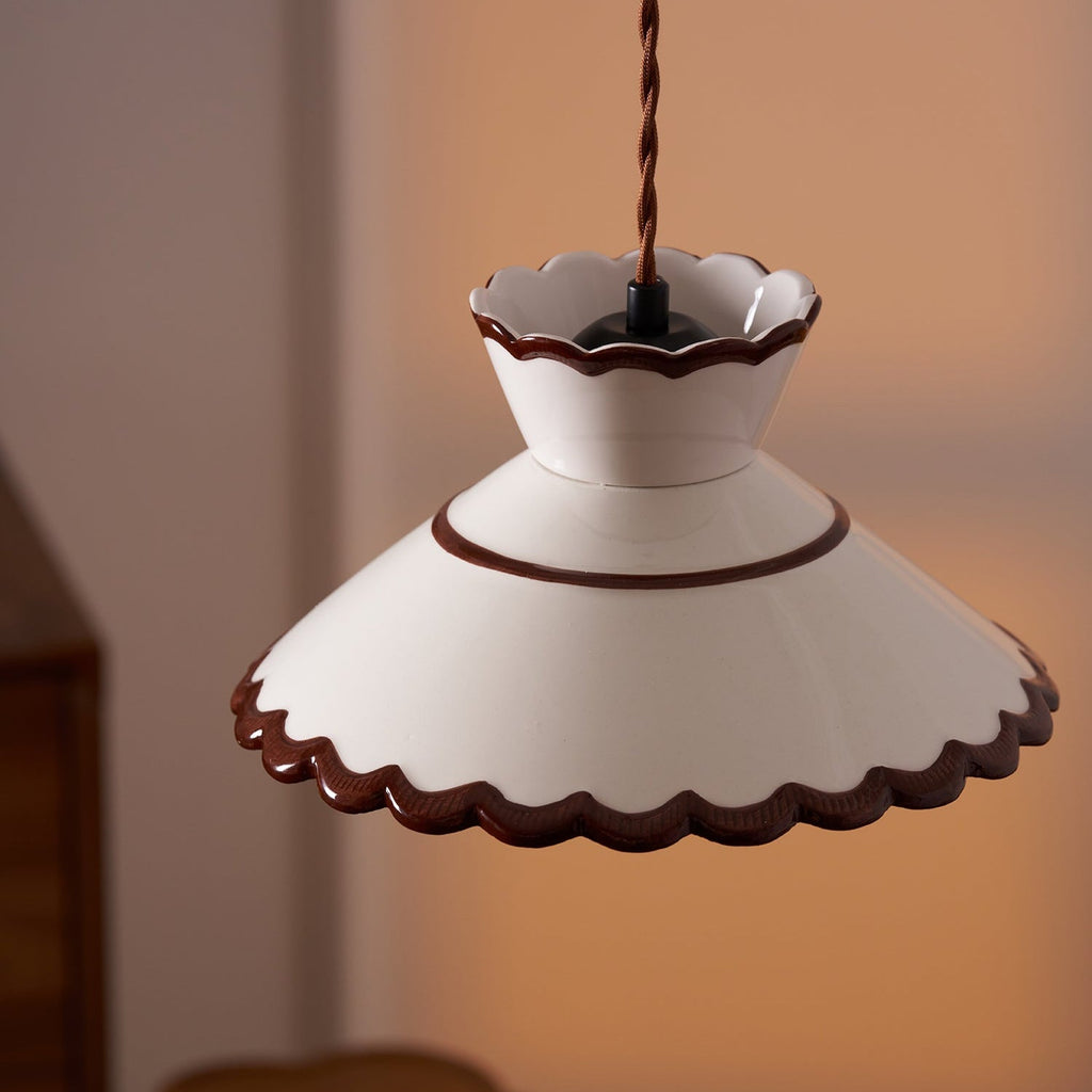 Grace Retro Ceramic Pendant Light — Cream Scalloved Shade Brown Trim