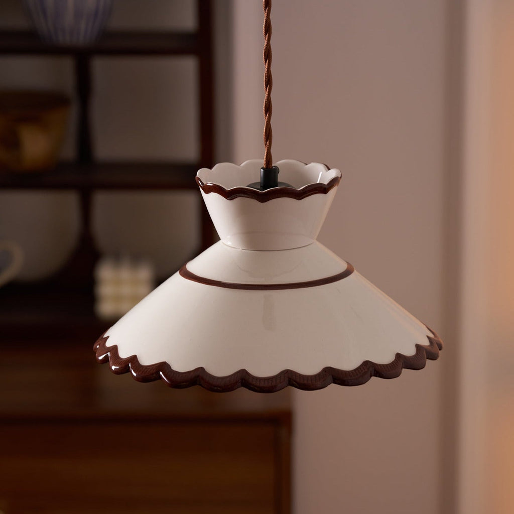 Grace Retro Ceramic Pendant Light — Cream Scalloved Shade Brown Trim