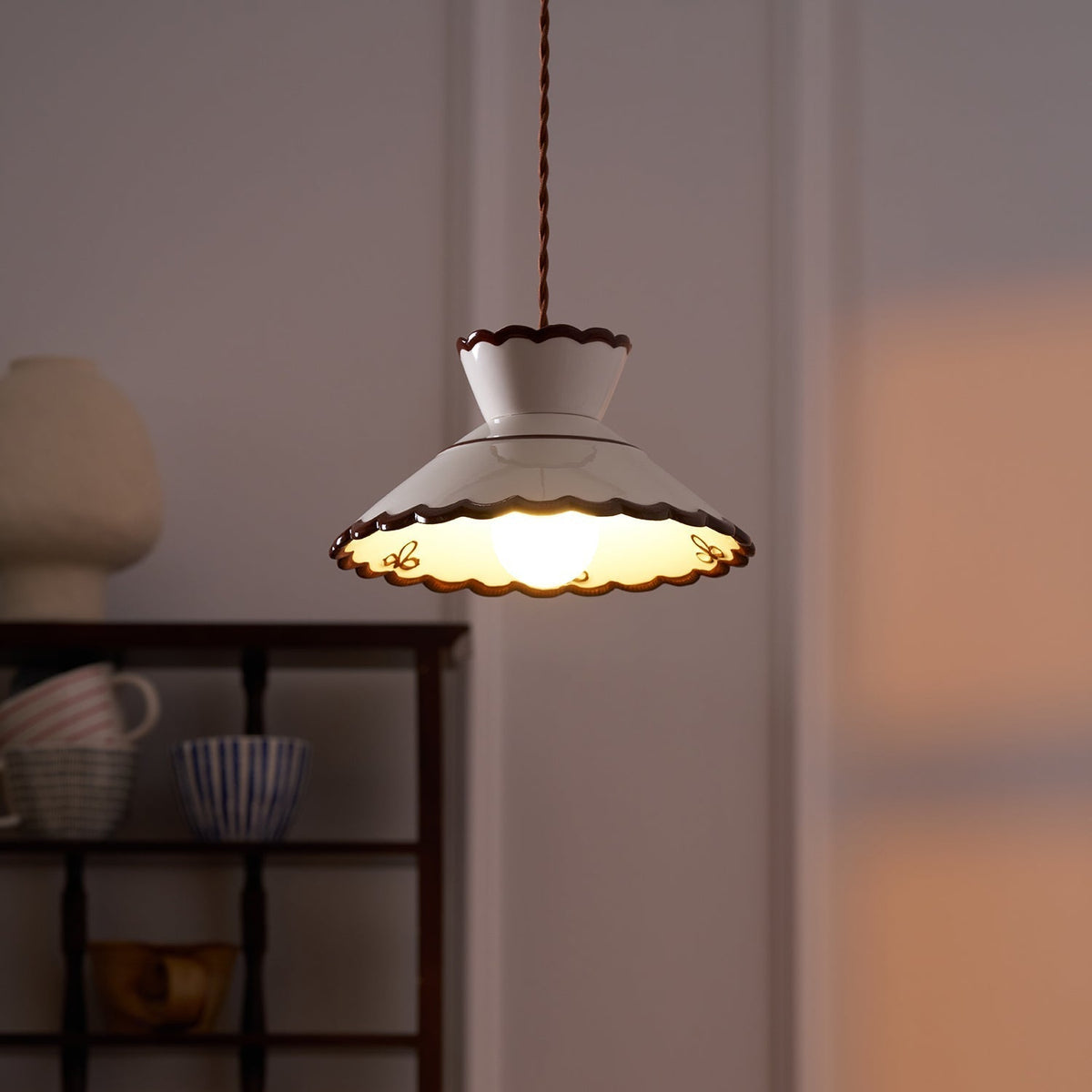 Grace Retro Ceramic Pendant Light — Cream Scalloved Shade Brown Trim