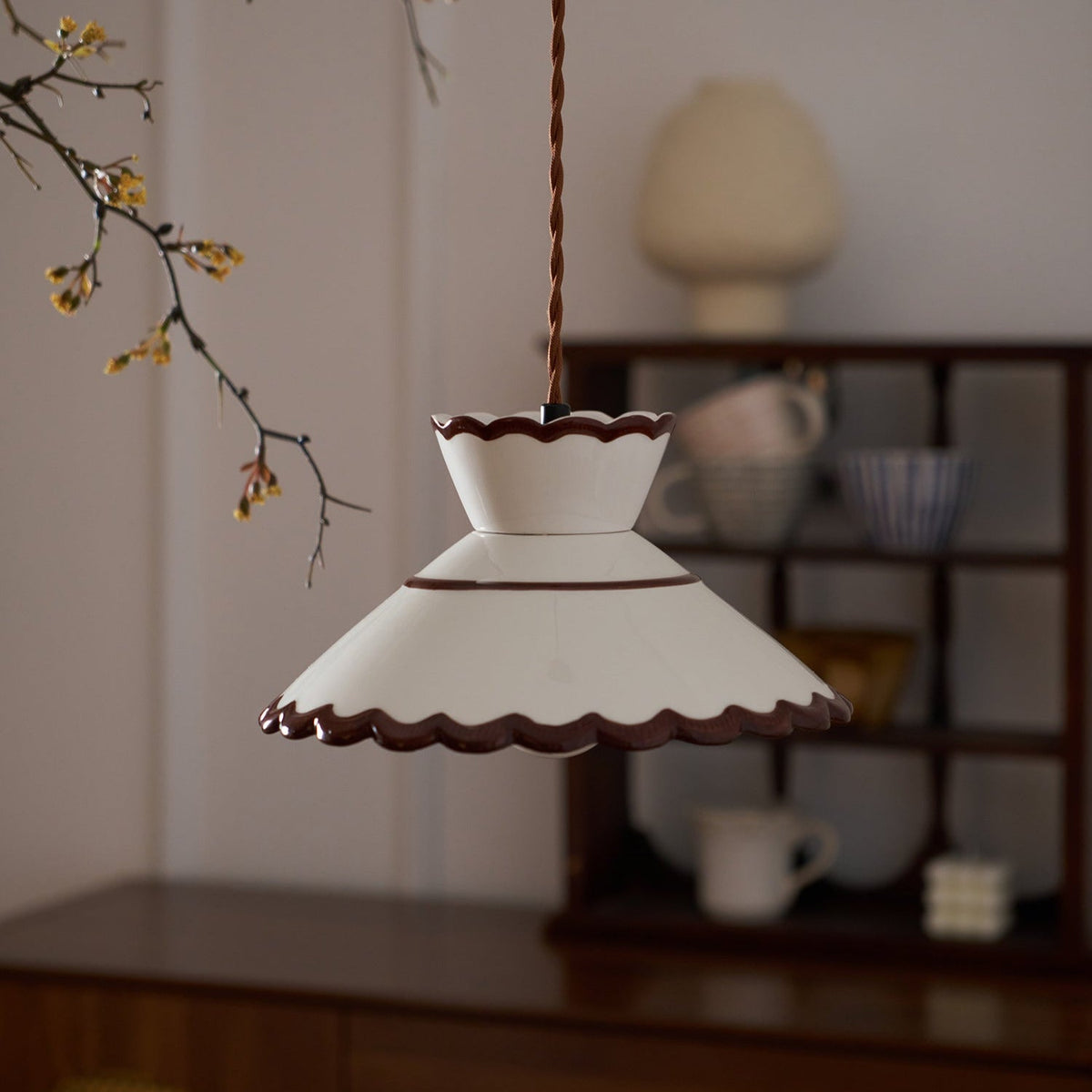 Grace Retro Ceramic Pendant Light — Cream Scalloved Shade Brown Trim