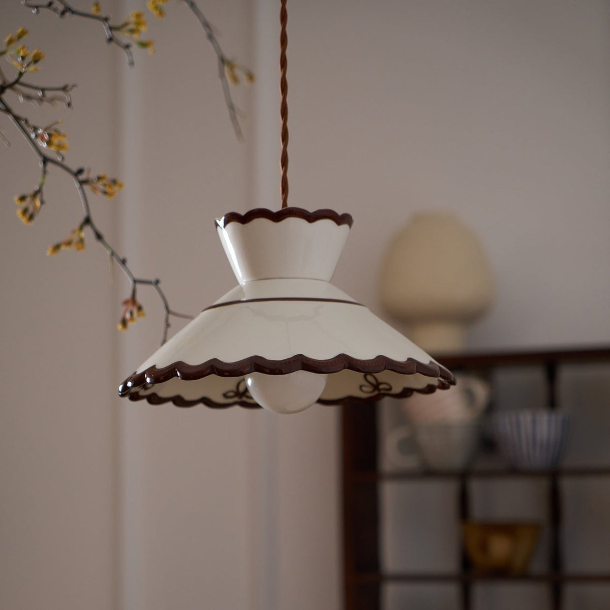 Grace Retro Ceramic Pendant Light — Cream Scalloved Shade Brown Trim