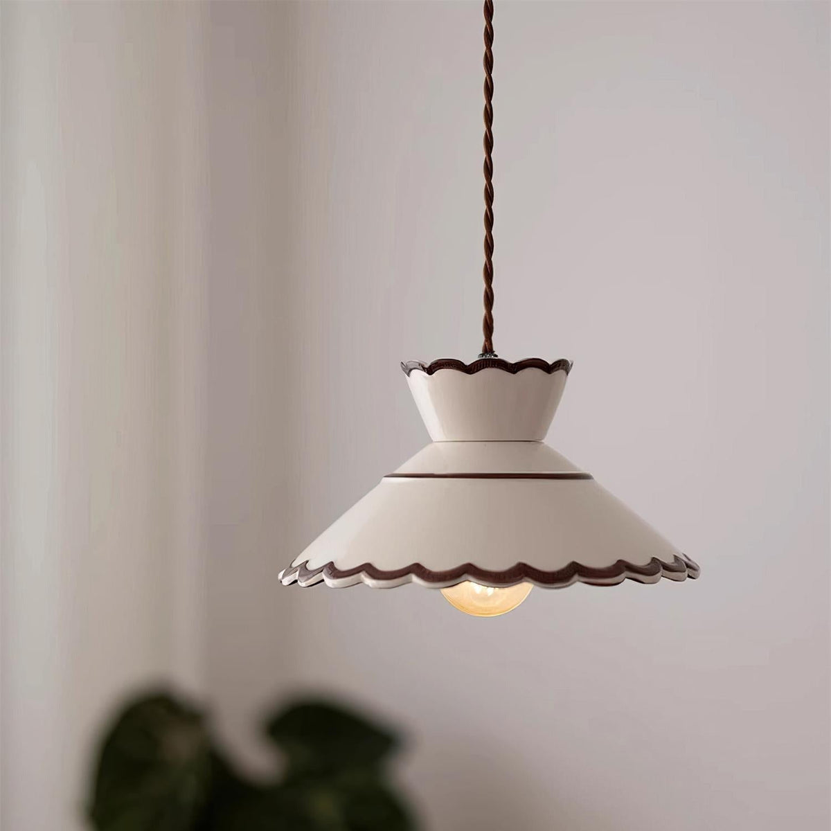 Grace Retro Ceramic Pendant Light — Cream Scalloved Shade Brown Trim