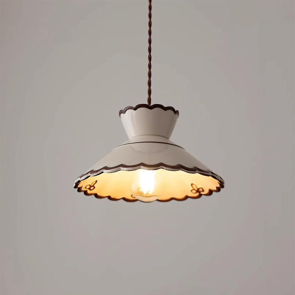 Grace Retro Ceramic Pendant Light — Cream Scalloved Shade Brown Trim