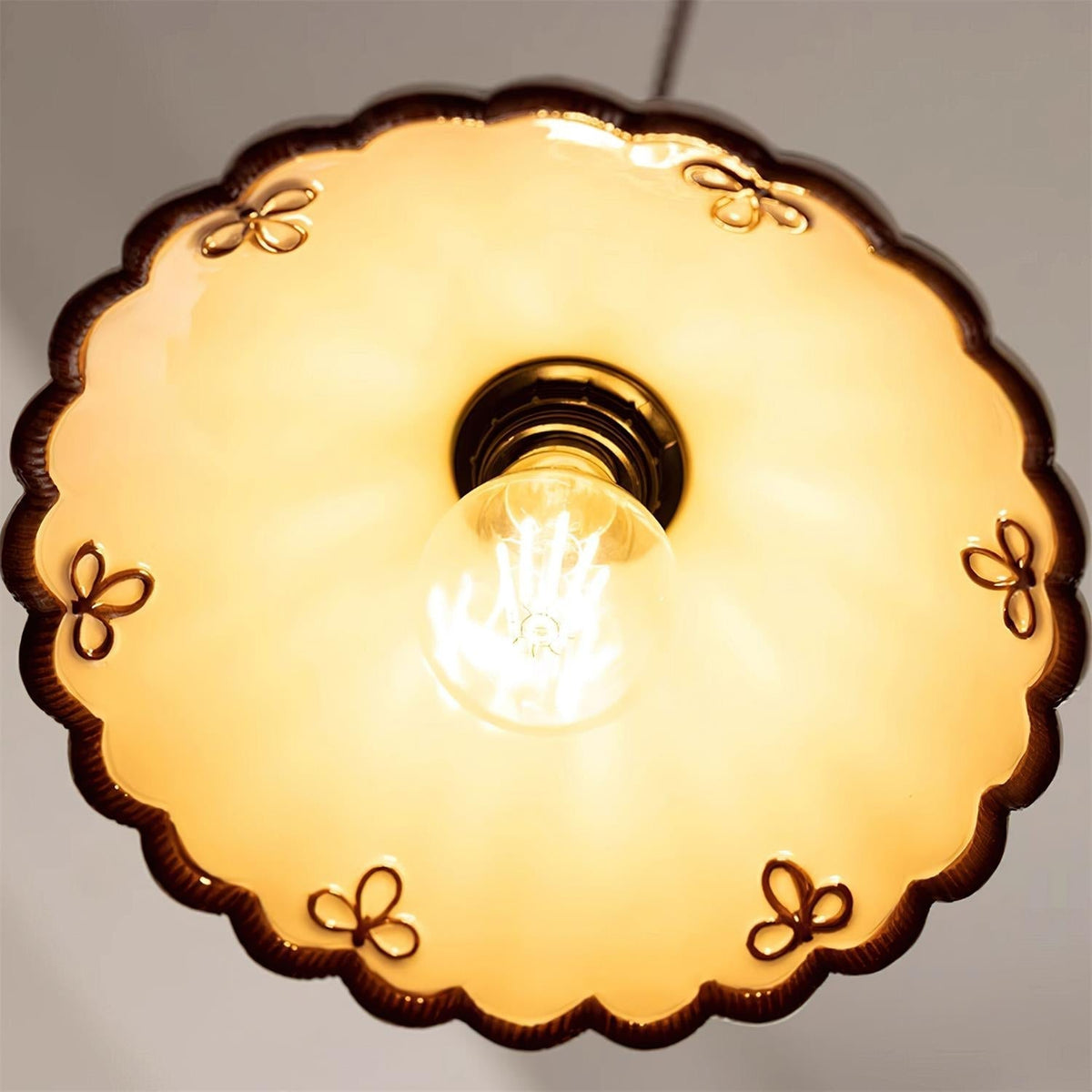 Grace Retro Ceramic Pendant Light — Cream Scalloved Shade Brown Trim