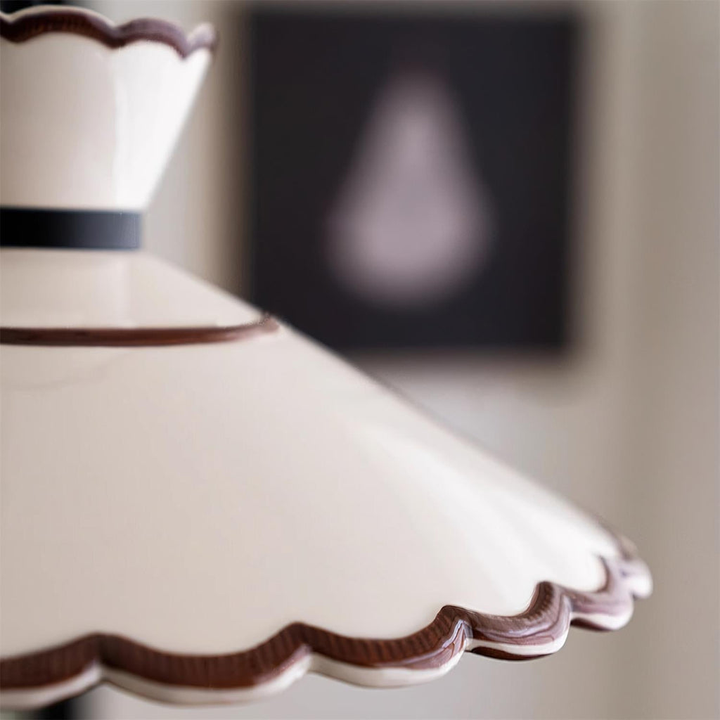 Grace Retro Ceramic Pendant Light — Cream Scalloved Shade Brown Trim